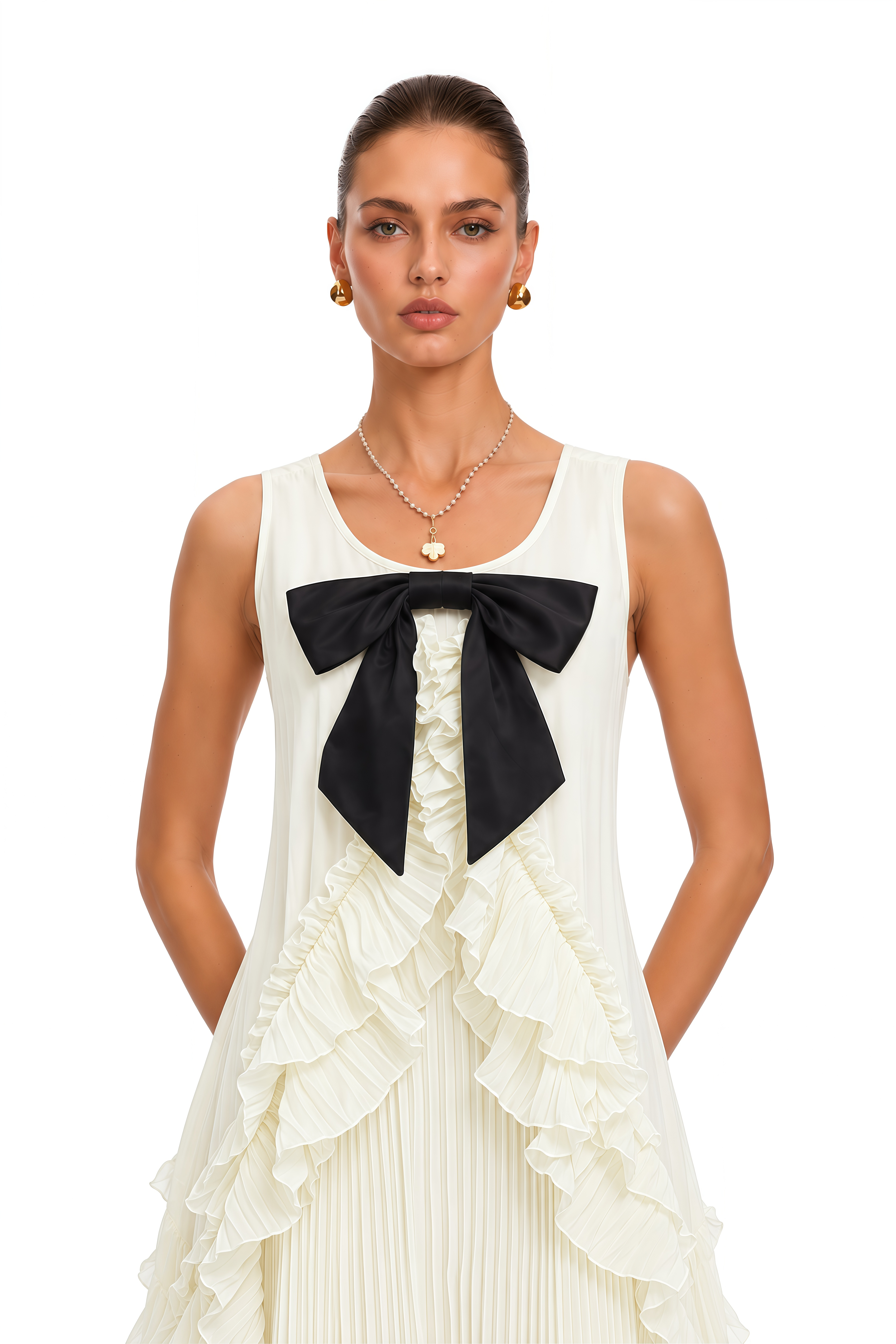 Chaya Neutral Contrast Bow Tiered Midi Dress