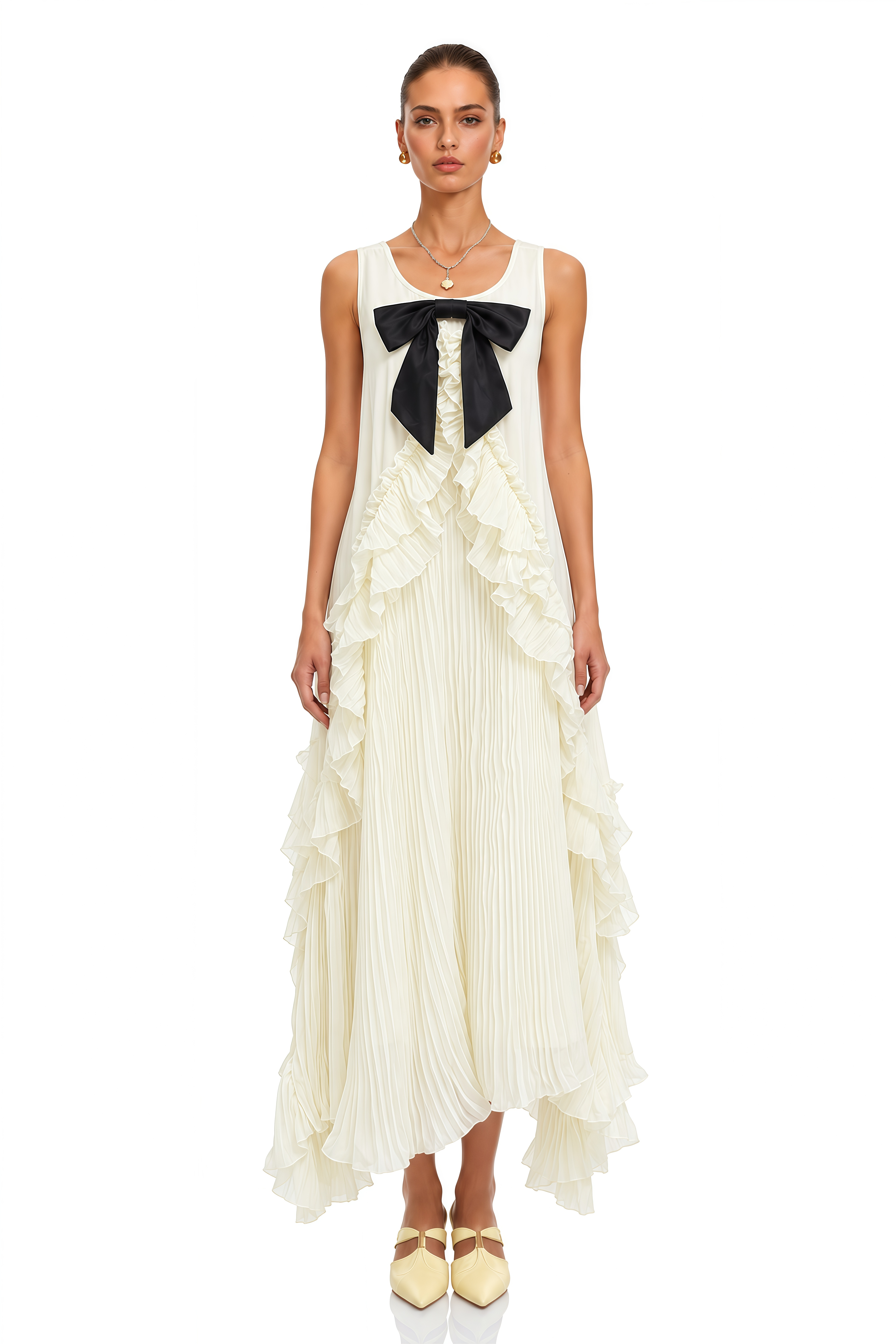 Chaya Neutral Contrast Bow Tiered Midi Dress