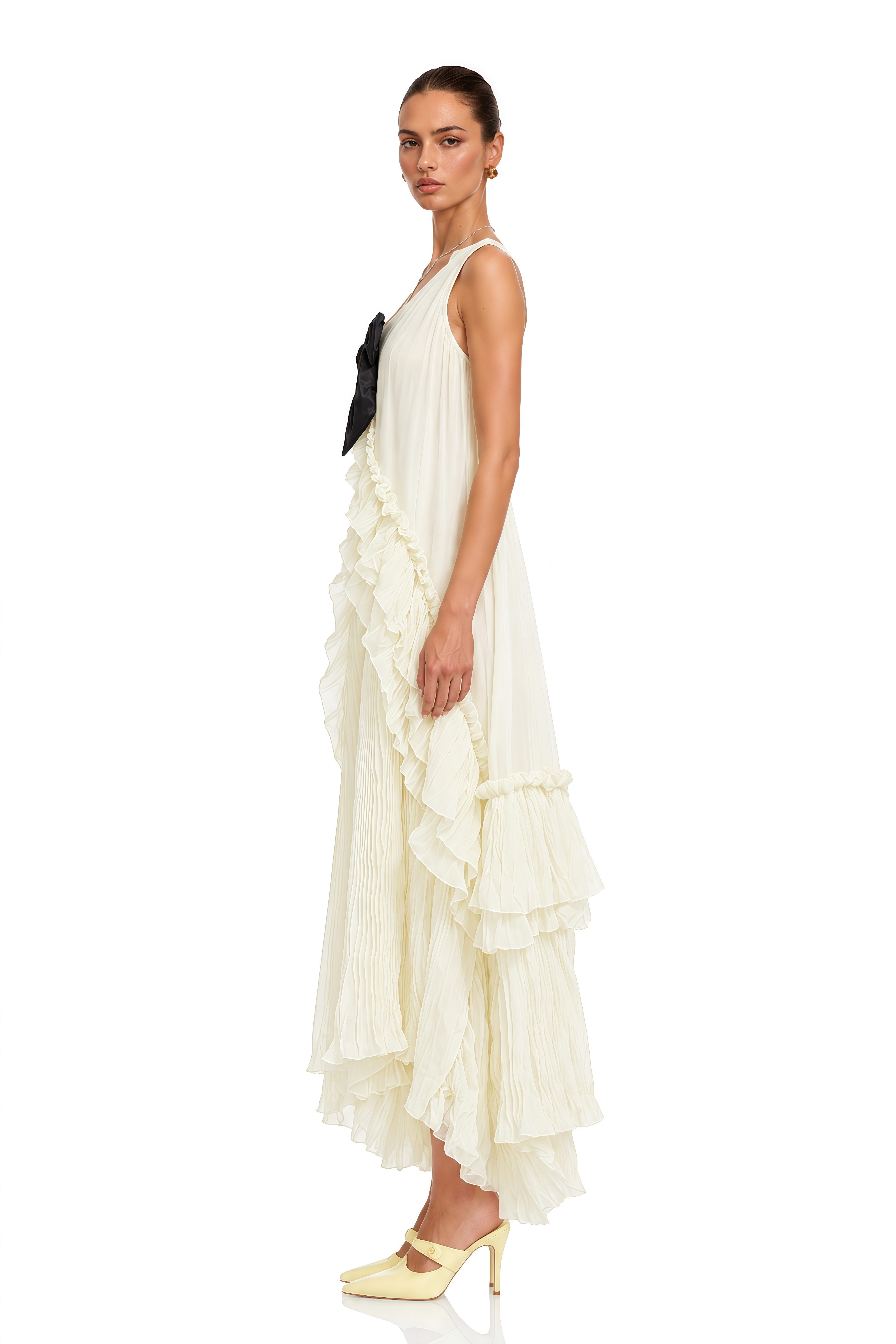 Chaya Neutral Contrast Bow Tiered Midi Dress