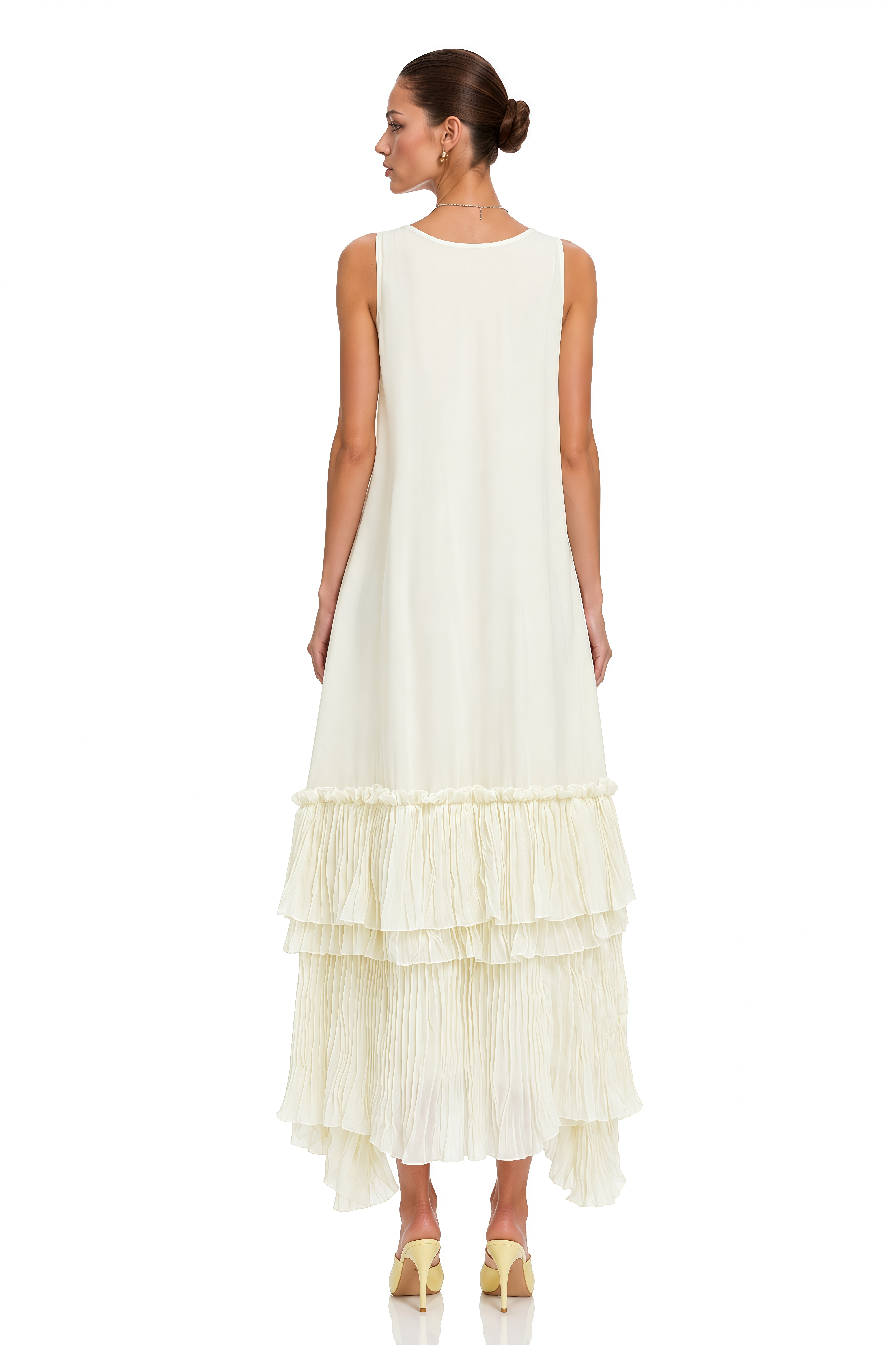 Chaya Neutral Contrast Bow Tiered Midi Dress