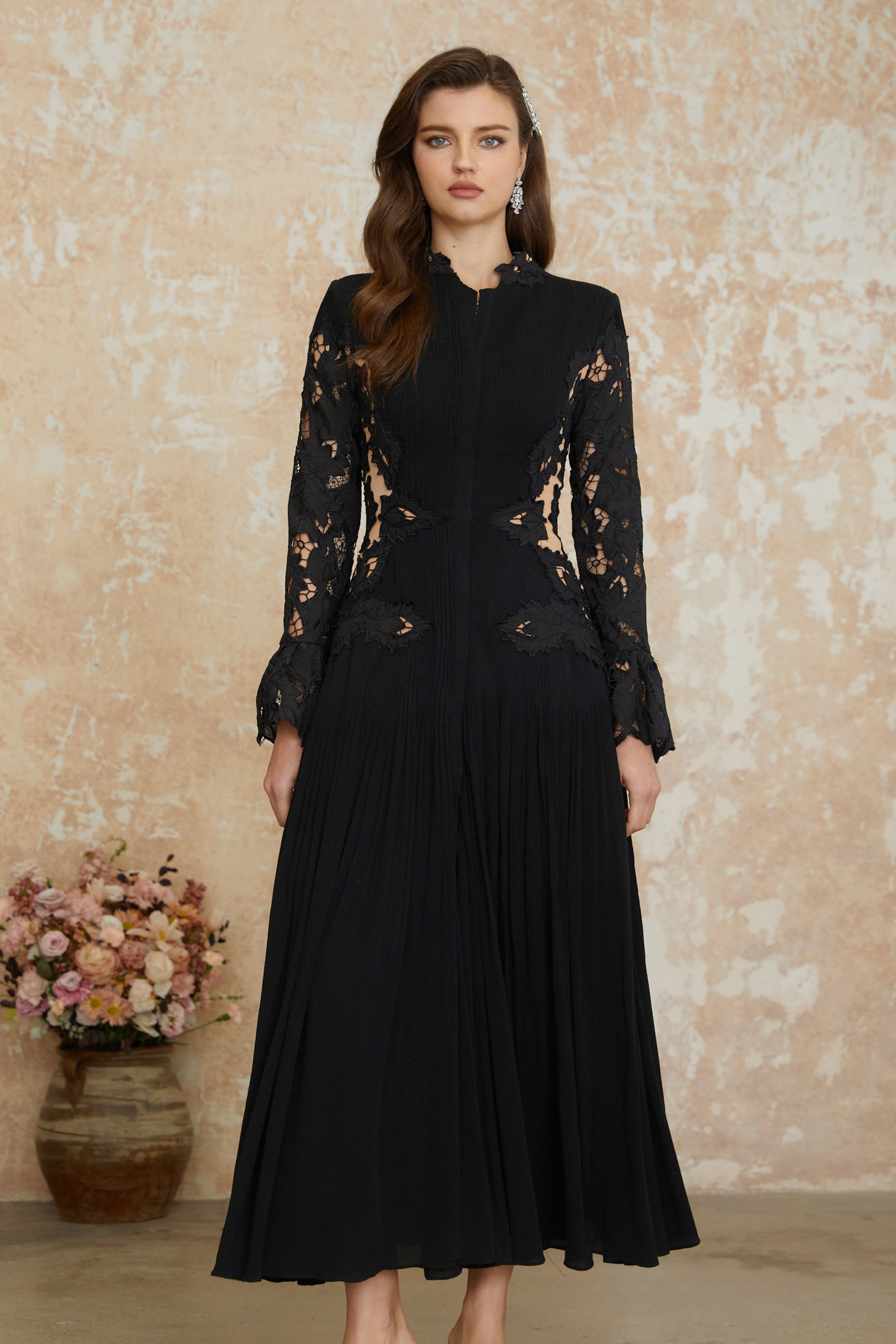Black pleated lace cut-out maxi dress