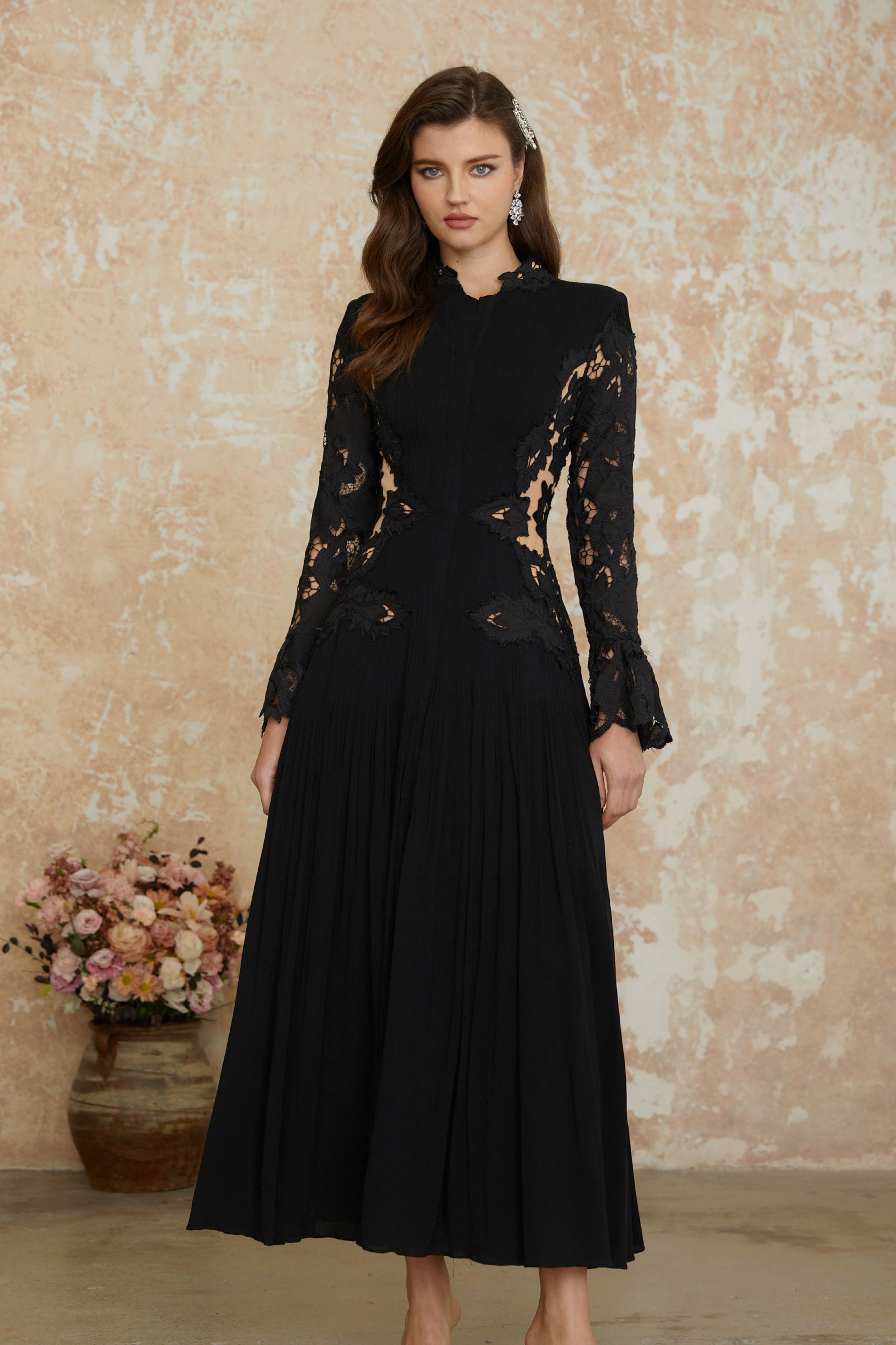 Black pleated lace cut-out maxi dress