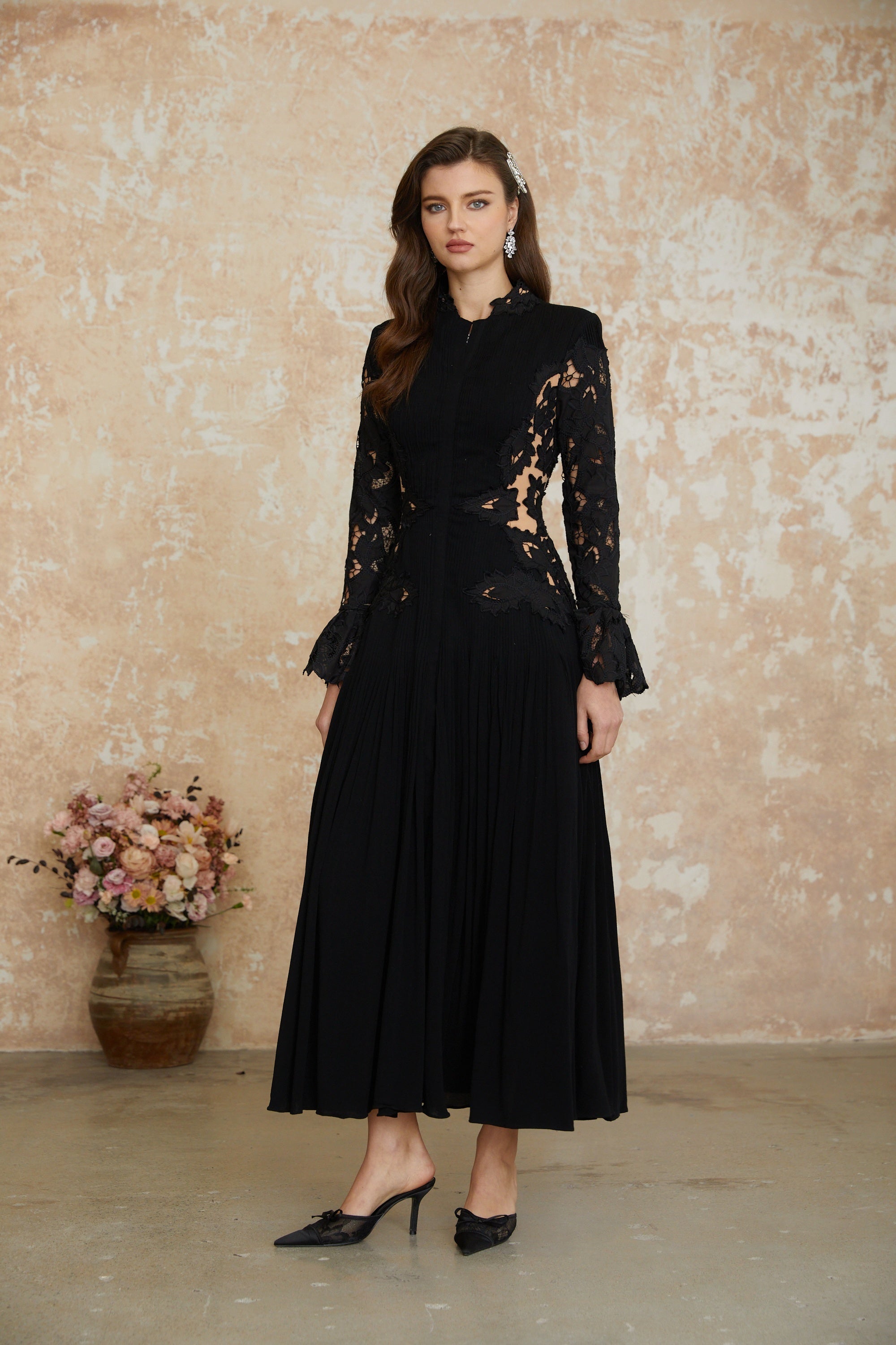 Black pleated lace cut-out maxi dress