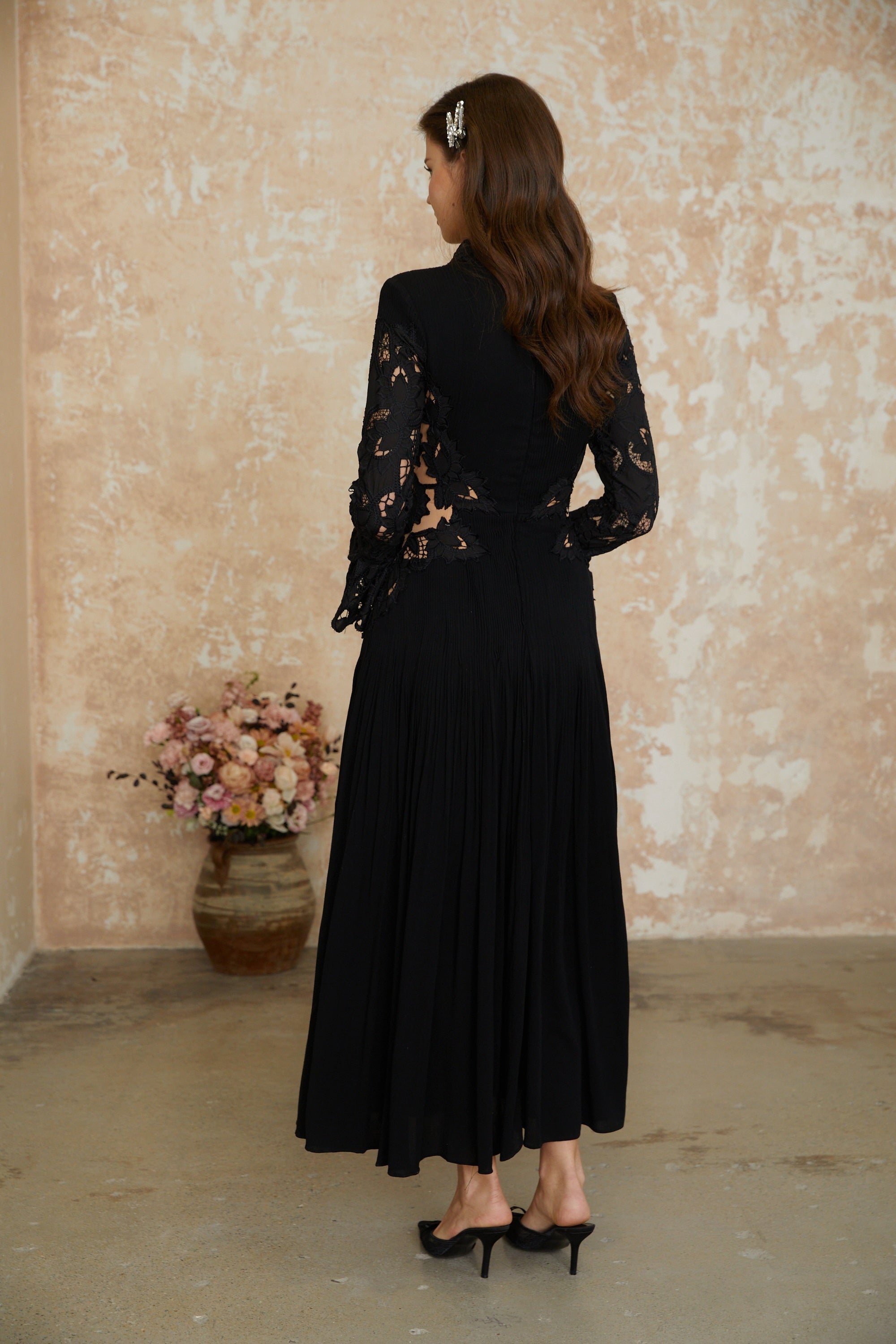 Black pleated lace cut-out maxi dress