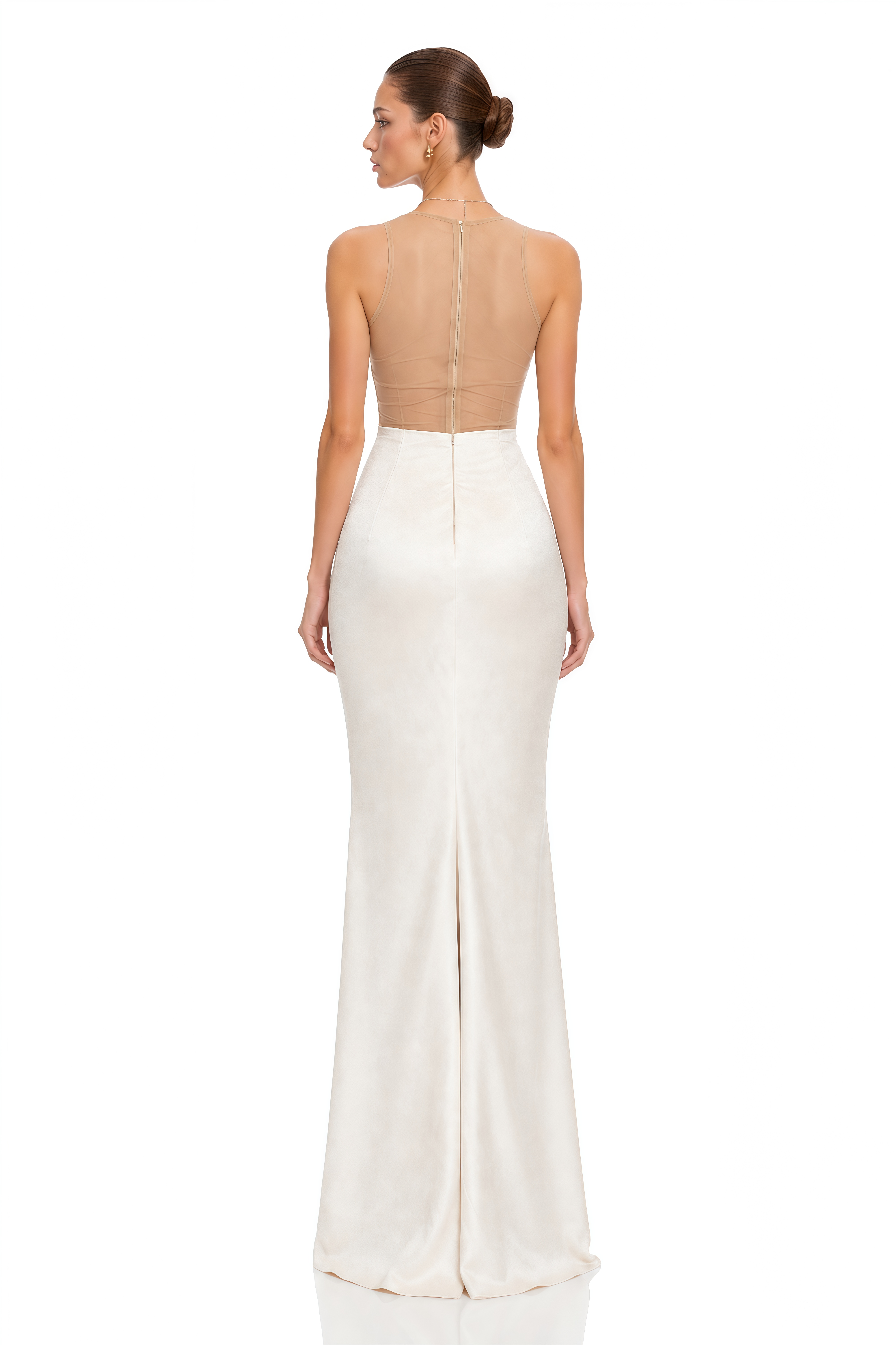 Chloe Ivory Embellished Sheer Bodice Satin Maxi Dress