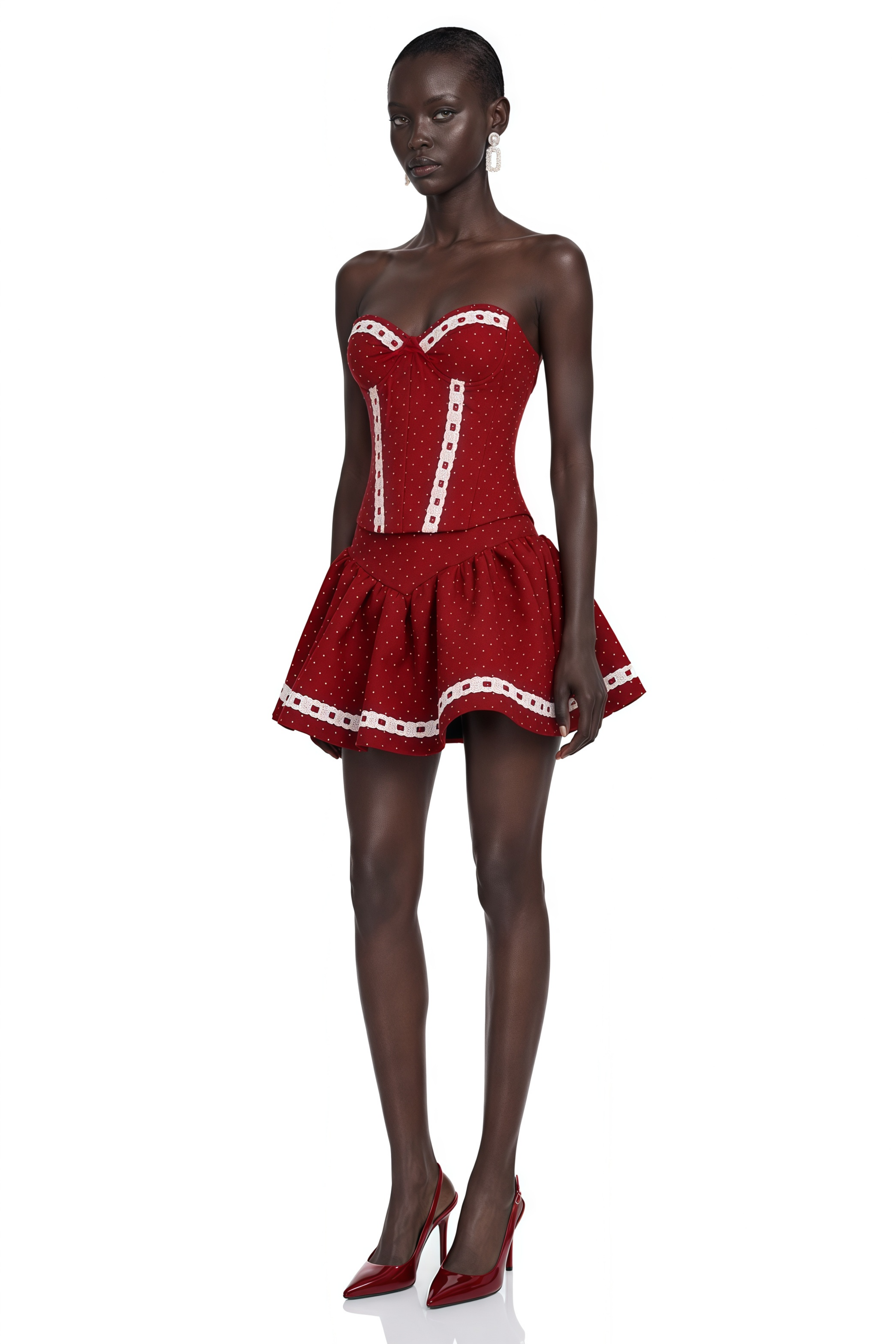 Chloe Red Polka Dot Lace Trim Corset Top & Skirt Set