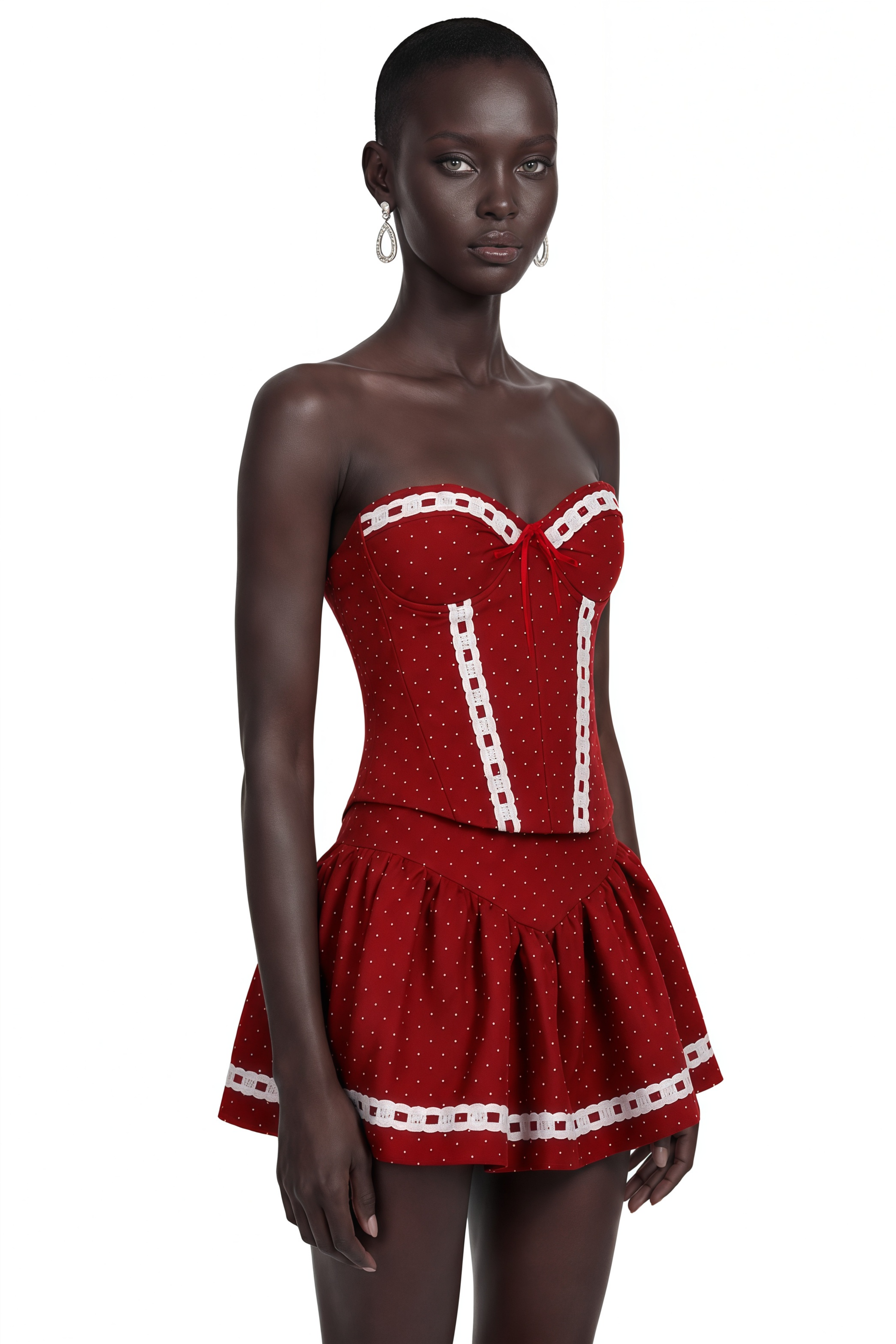 Chloe Red Polka Dot Lace Trim Corset Top & Skirt Set