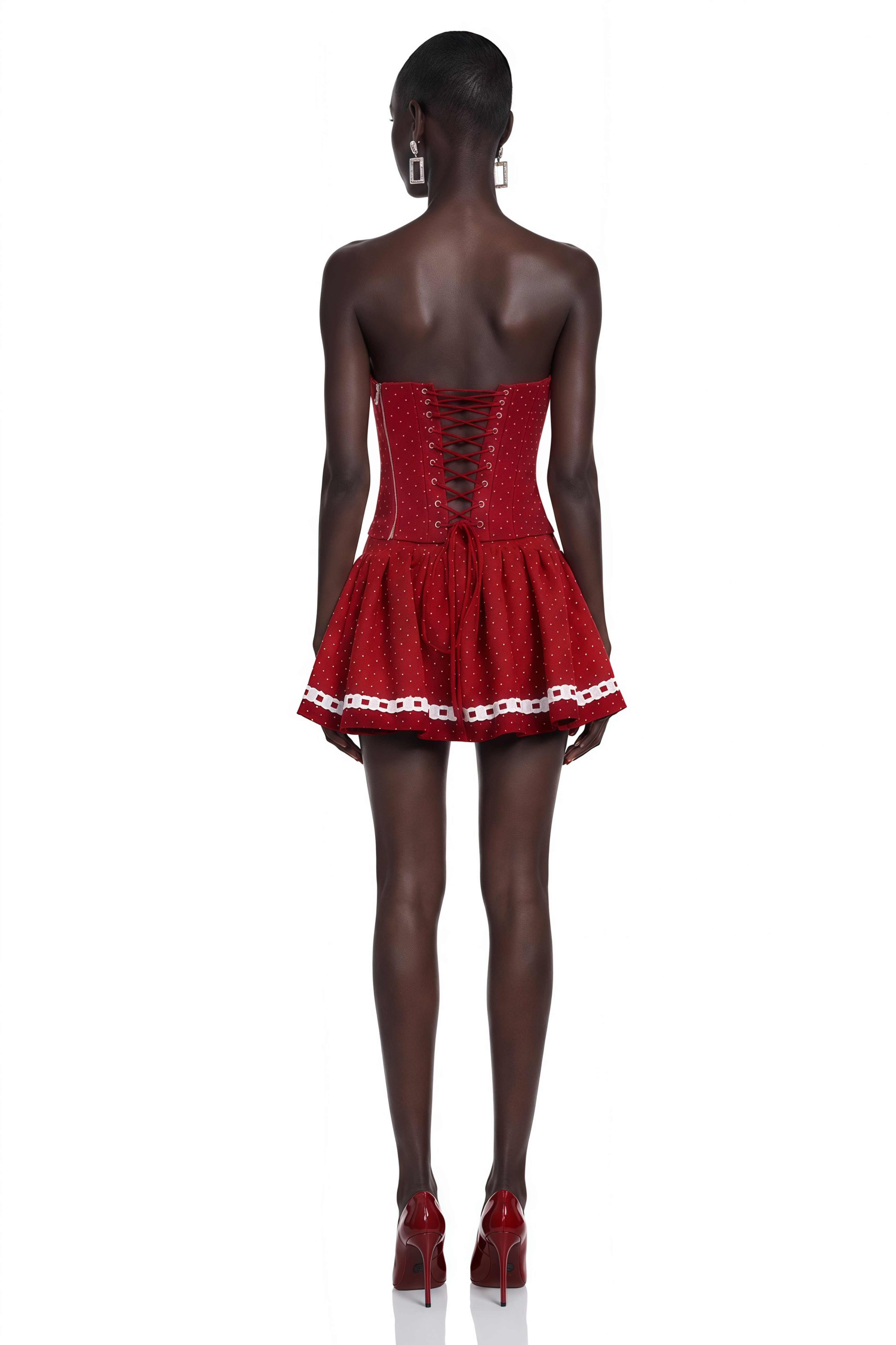 Chloe Red Polka Dot Lace Trim Corset Top & Skirt Set