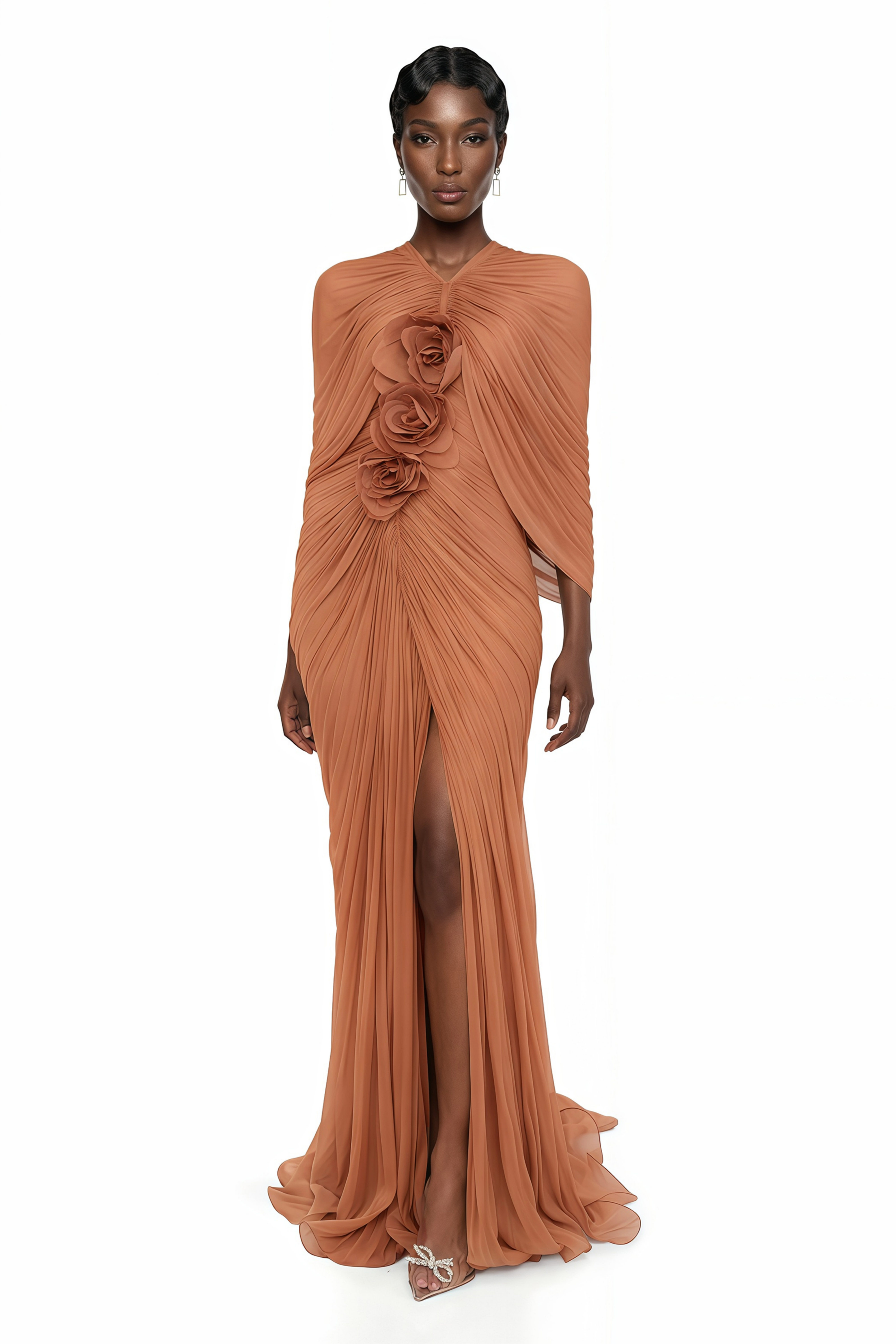 Terracotta gathered cape gown with floral rosettes