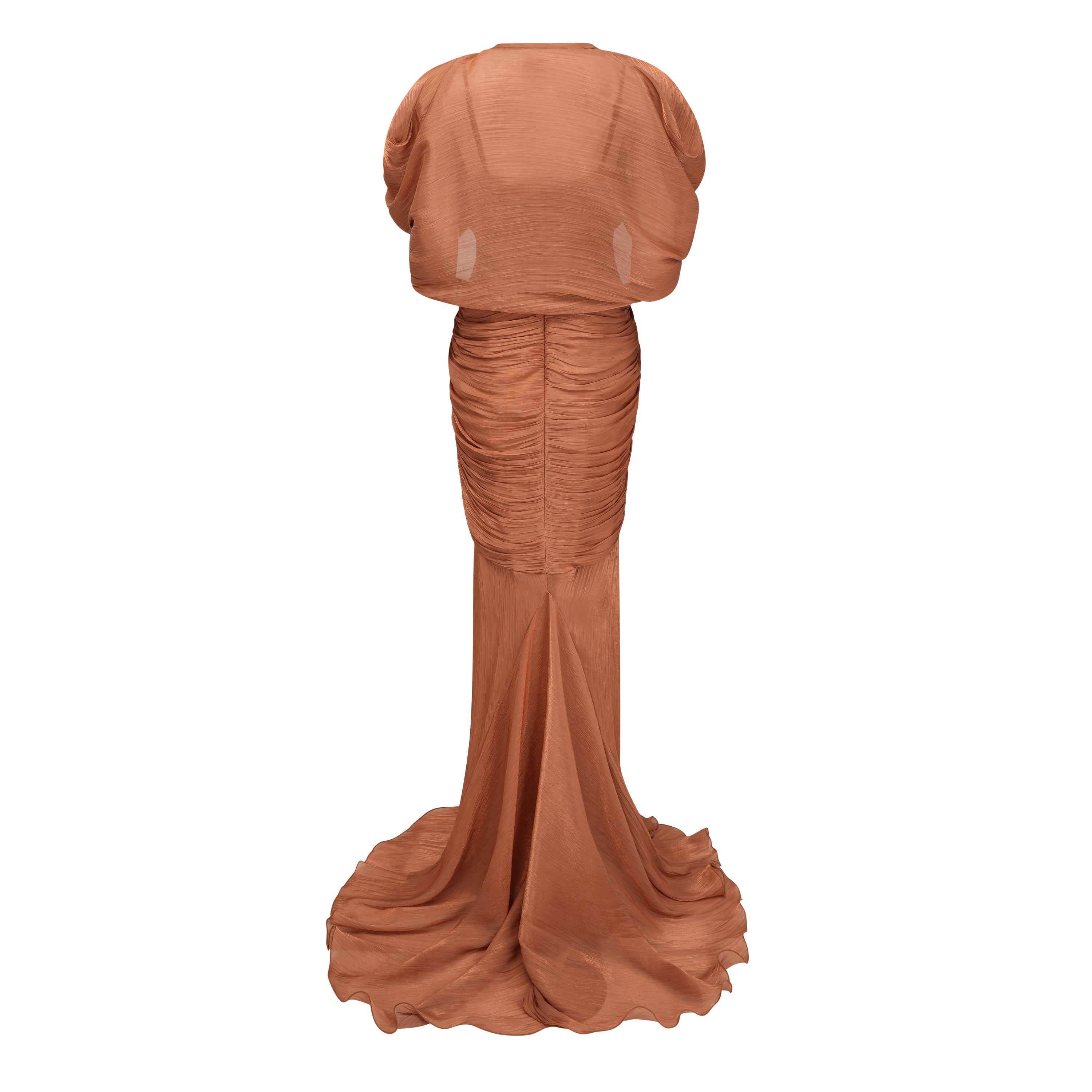 Terracotta gathered cape gown with floral rosettes