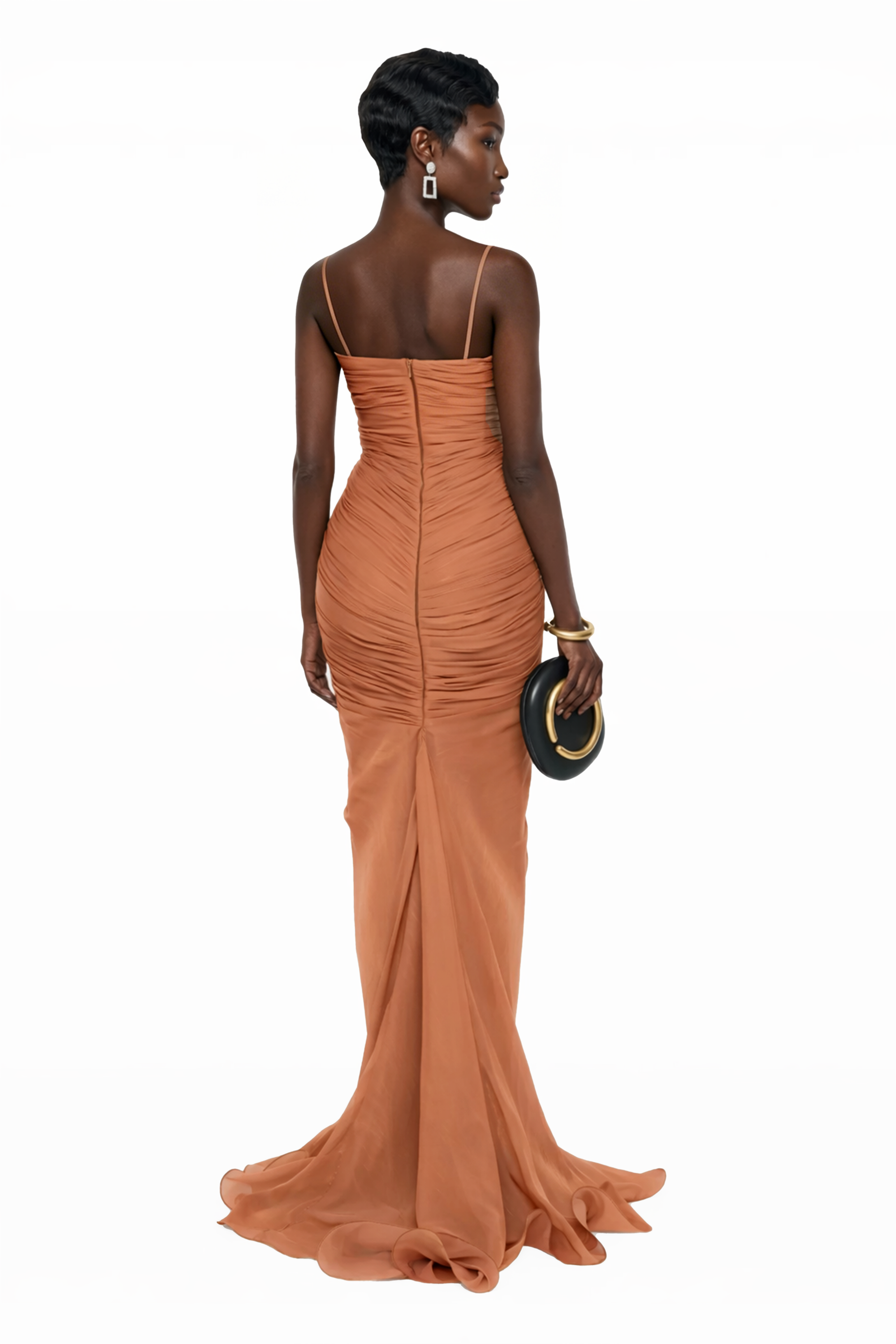 Terracotta gathered cape gown with floral rosettes