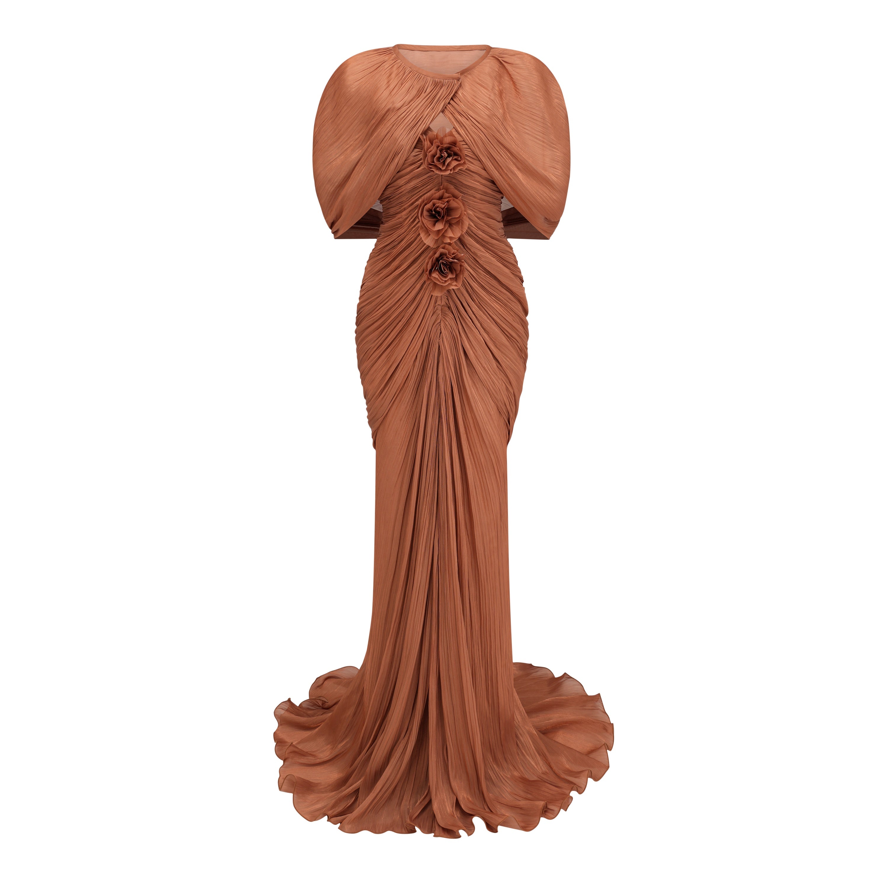 Terracotta gathered cape gown with floral rosettes
