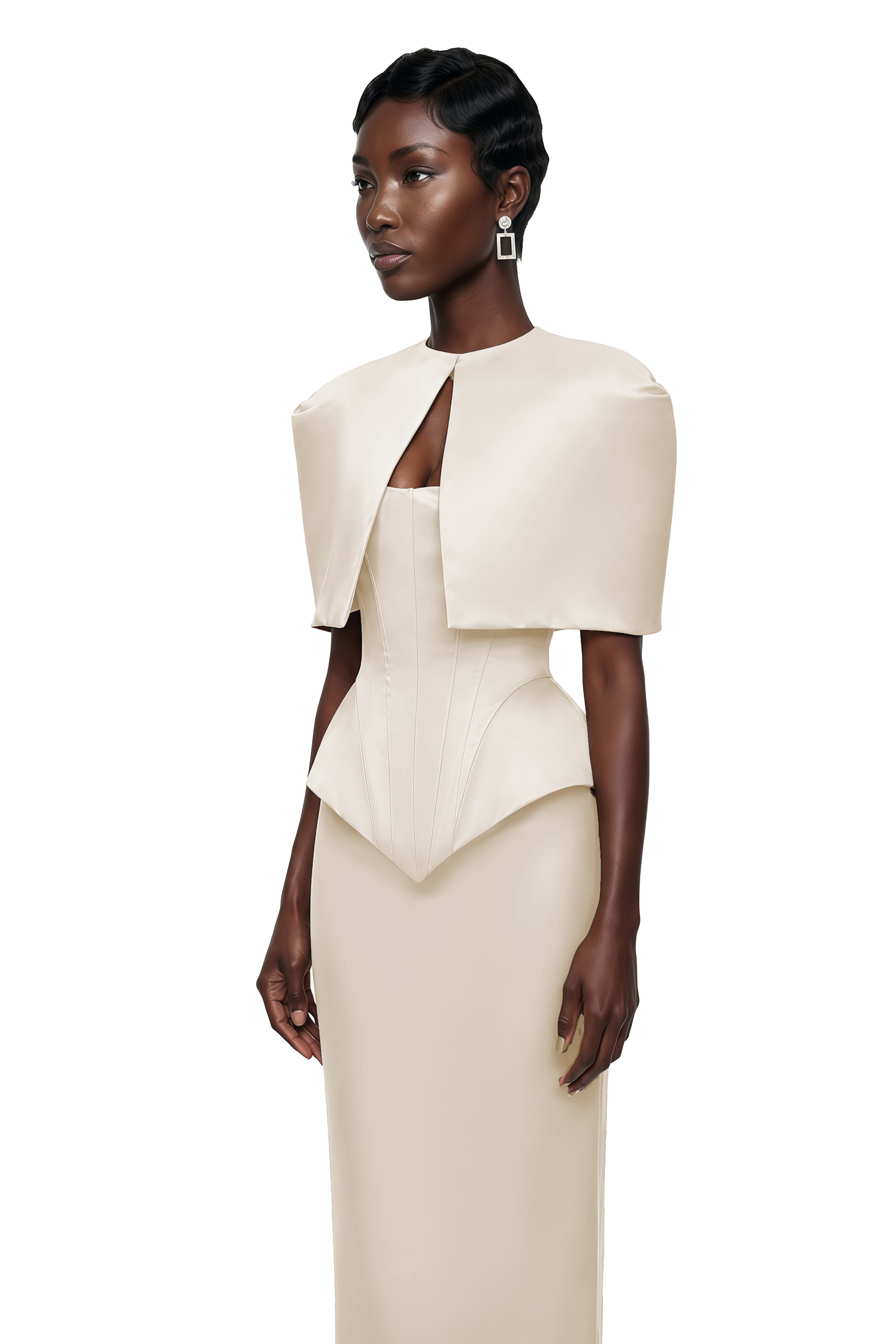 Clara White Corset Top & Skirt Set With Cape