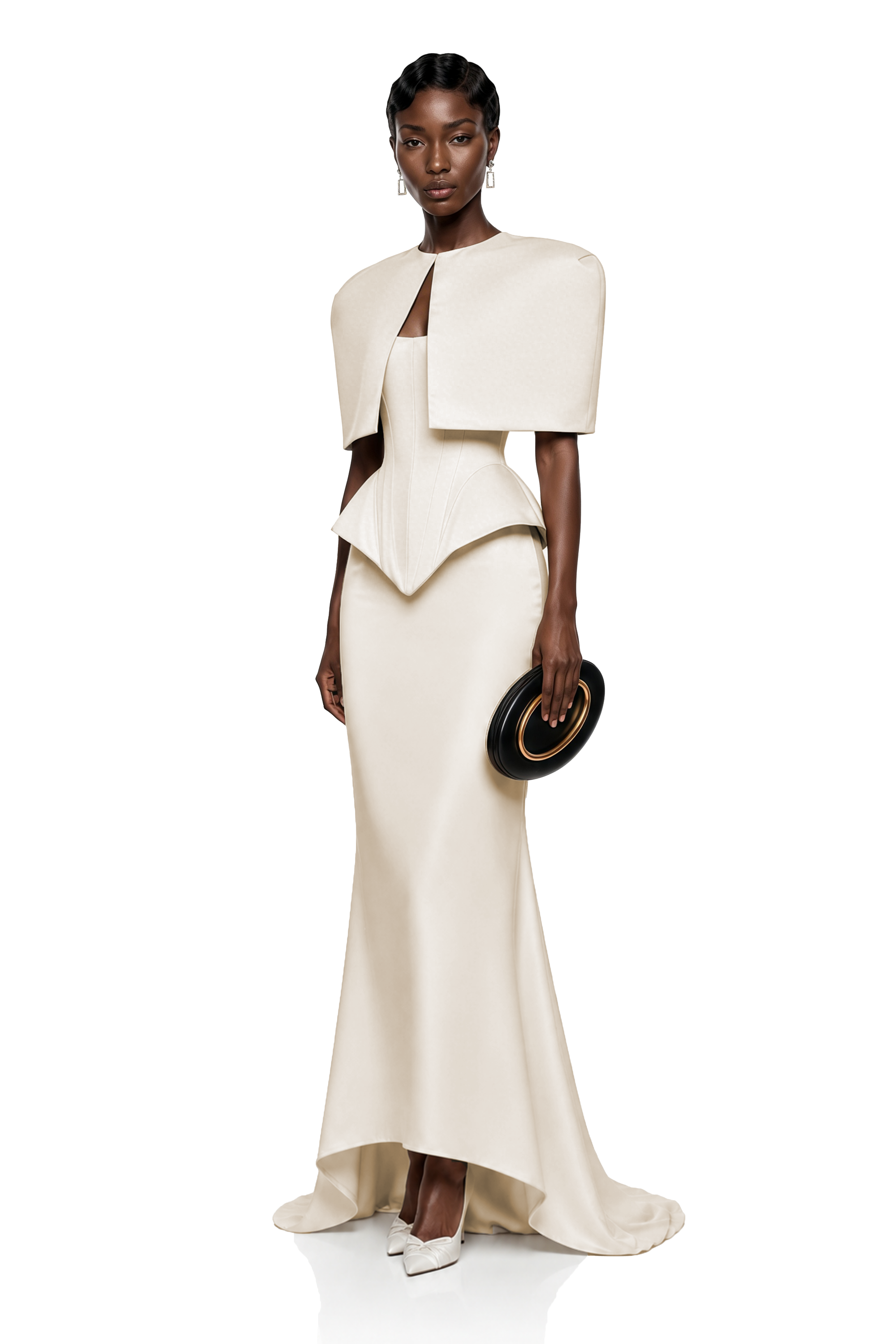 Clara White Corset Top & Skirt Set With Cape