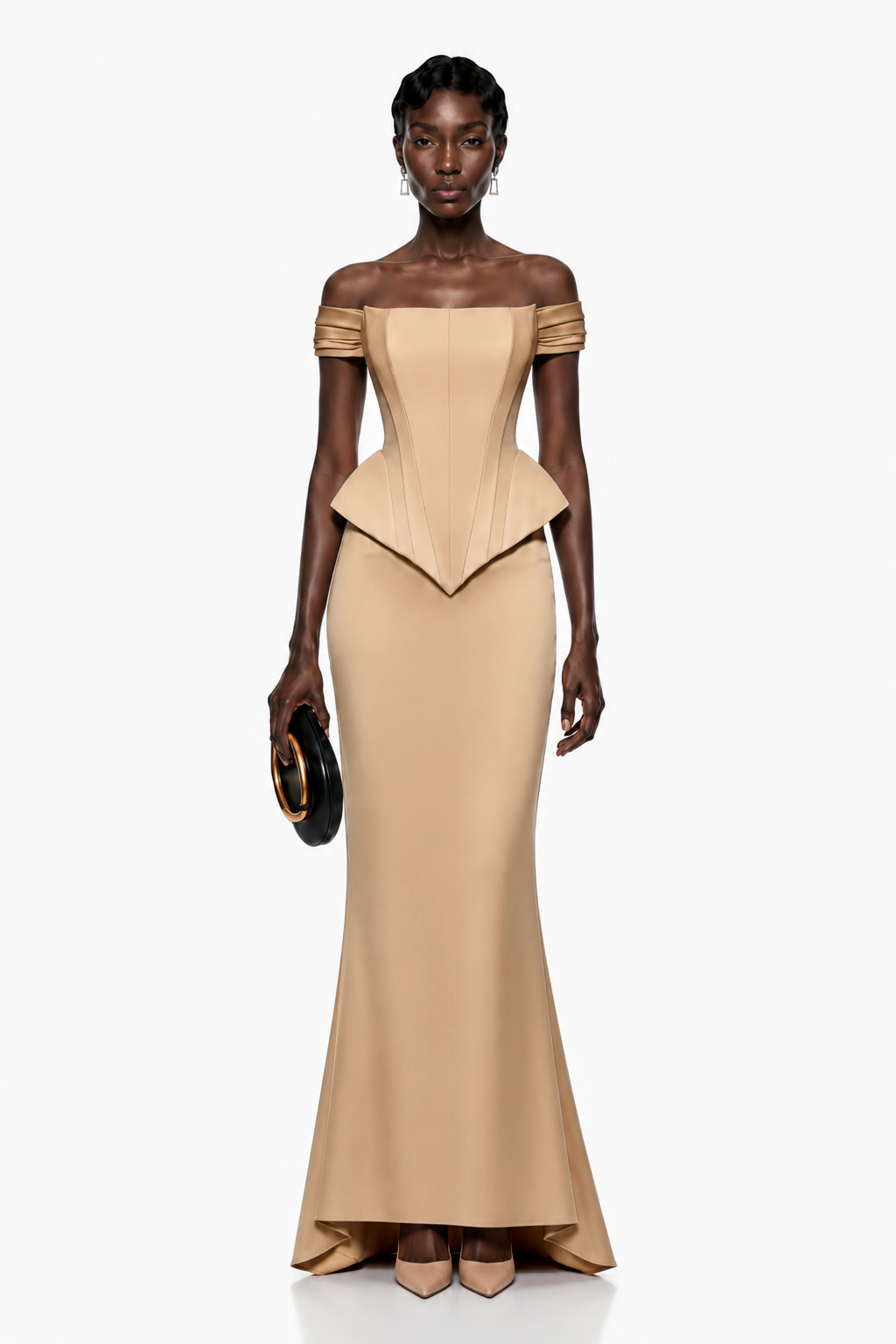 Beige structured gown with a matching bolero and a mermaid skirt