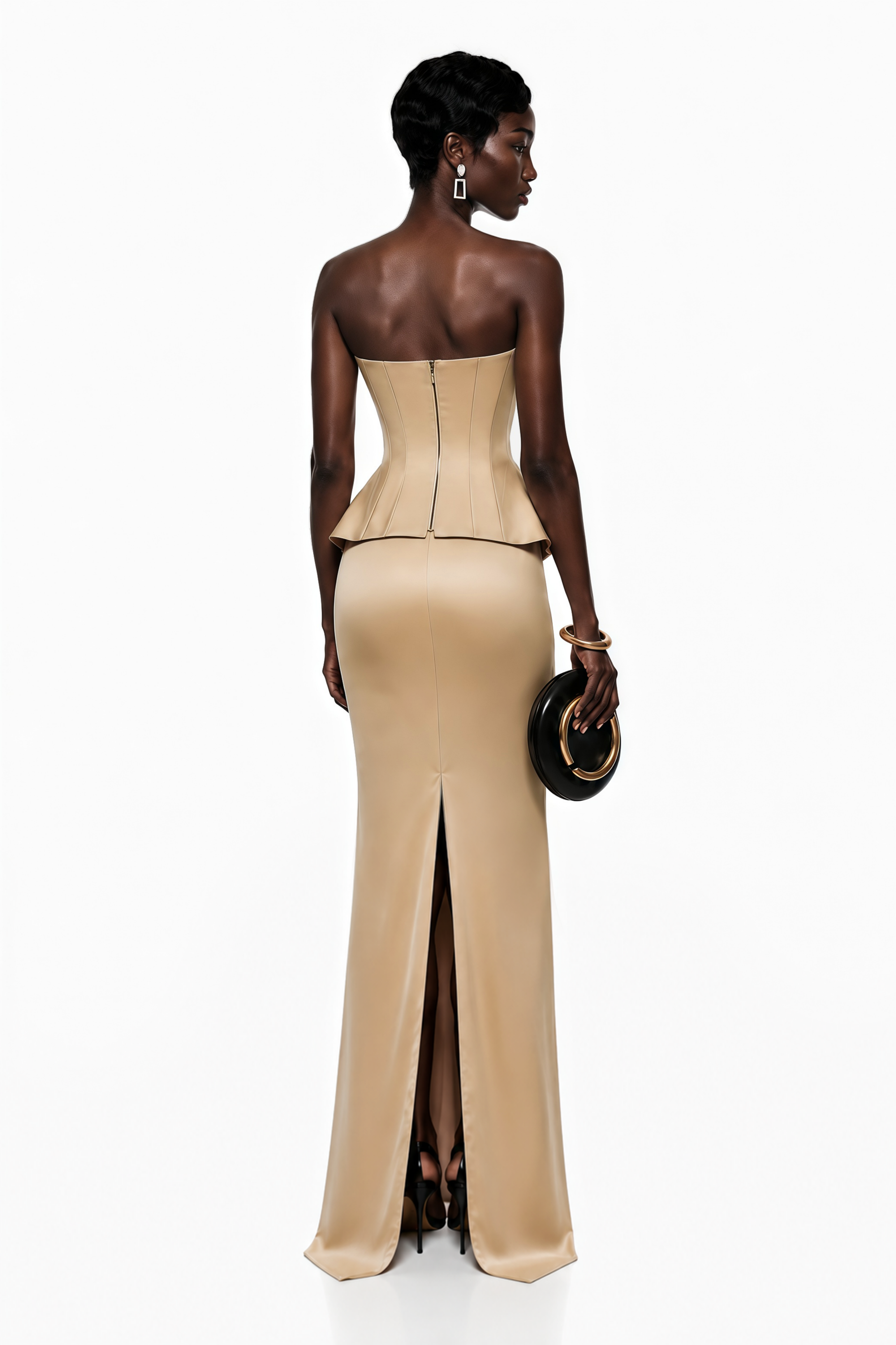 Beige structured gown with a matching bolero and a mermaid skirt