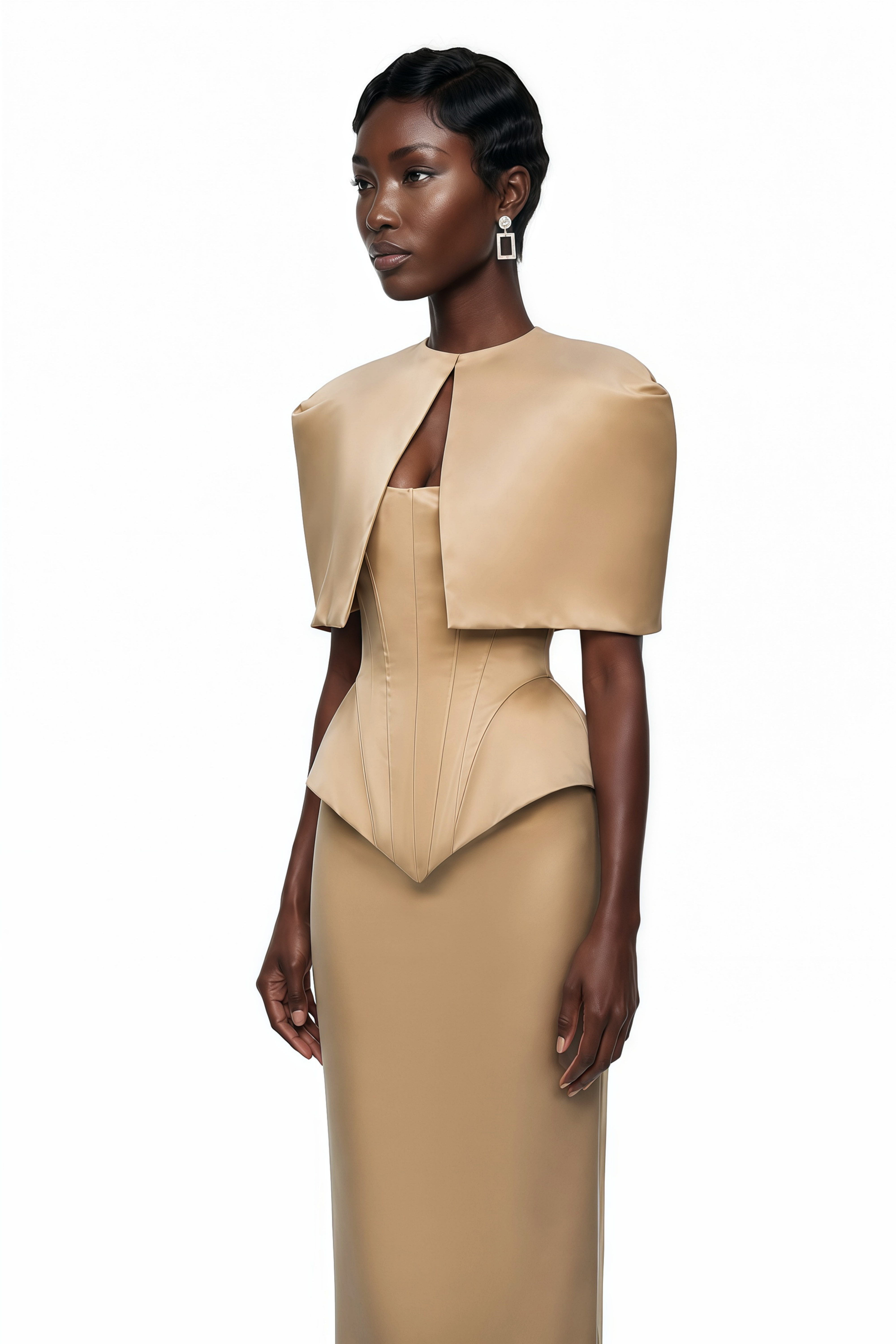Beige structured gown with a matching bolero and a mermaid skirt