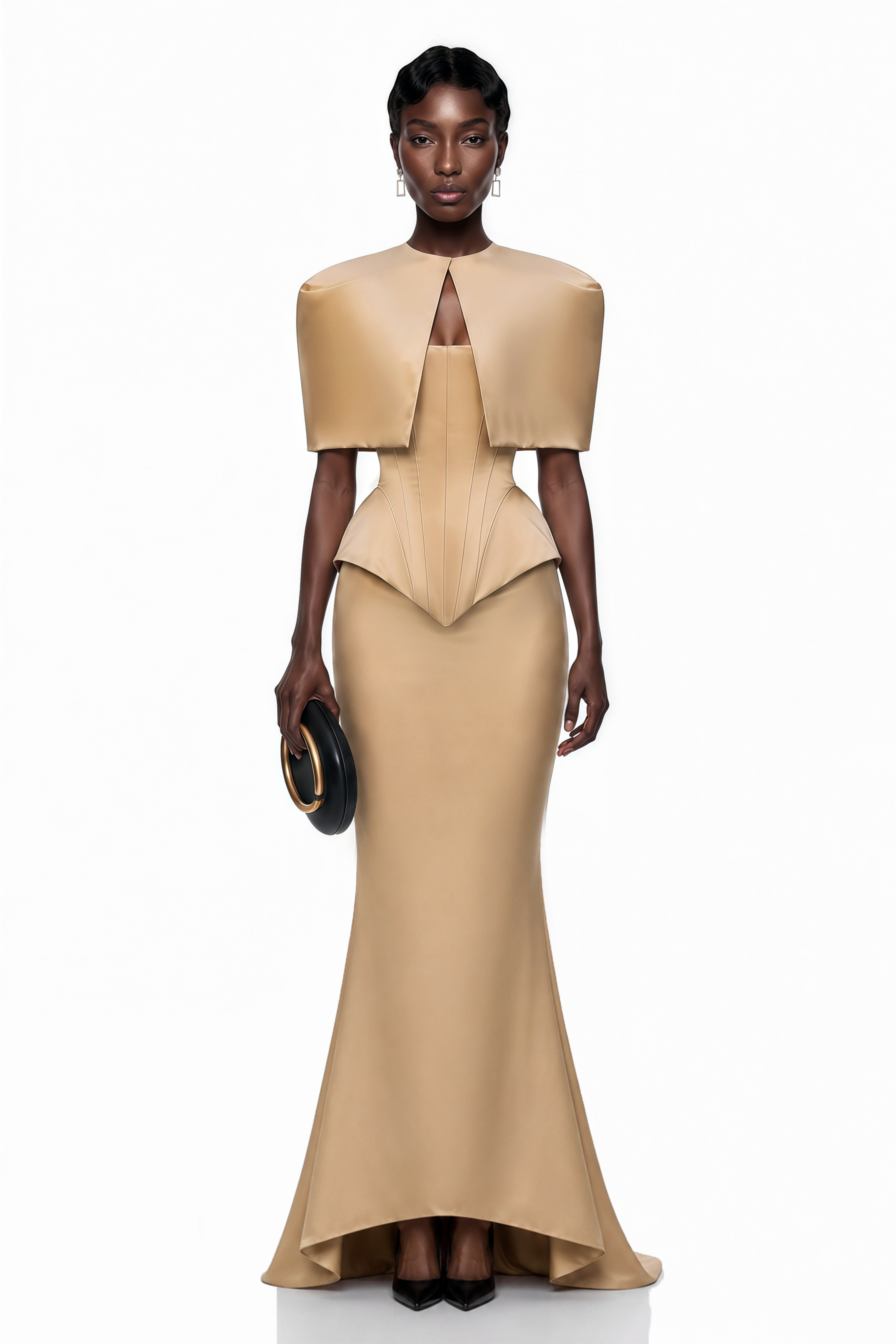 Beige structured gown with a matching bolero and a mermaid skirt