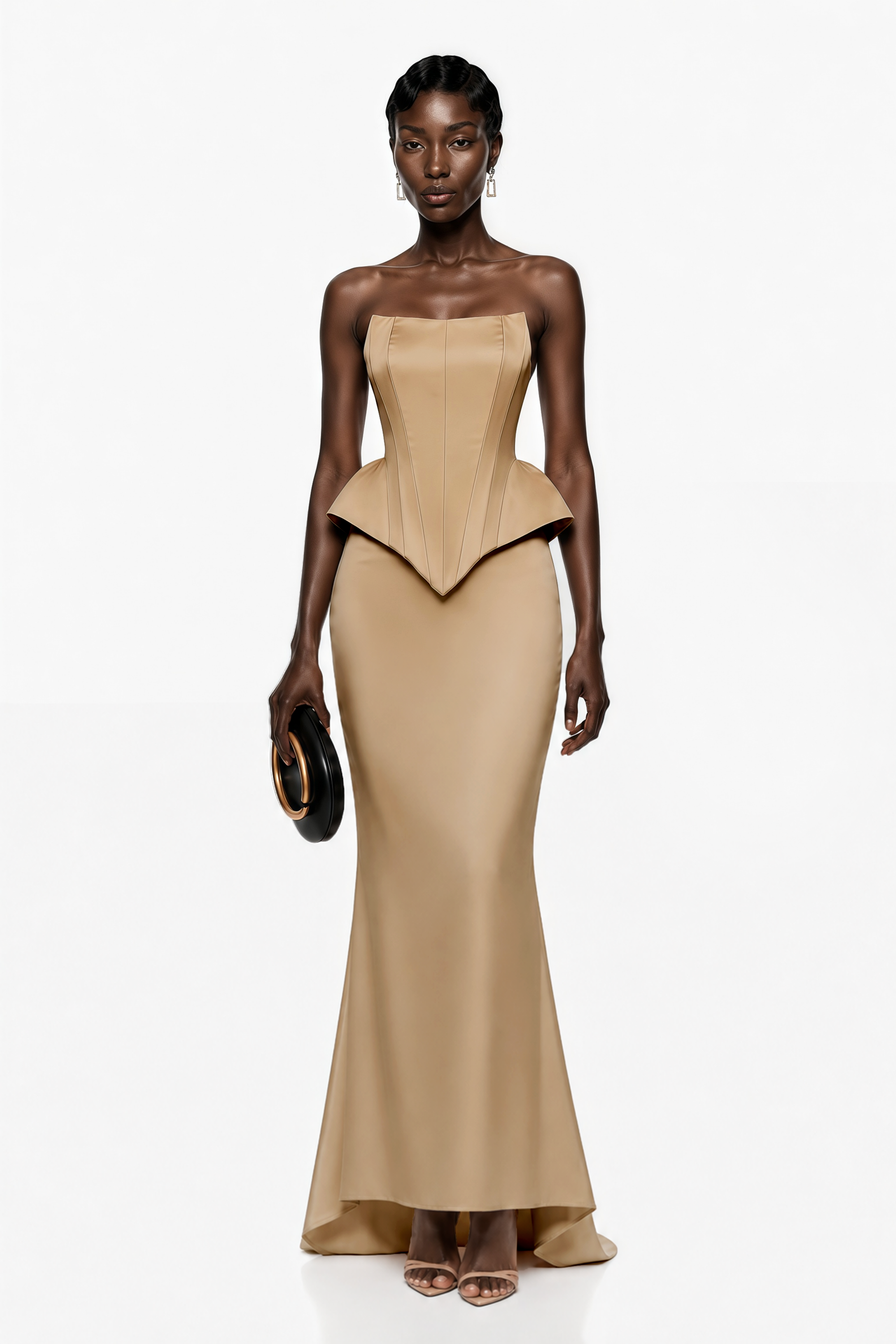 Beige structured gown with a matching bolero and a mermaid skirt