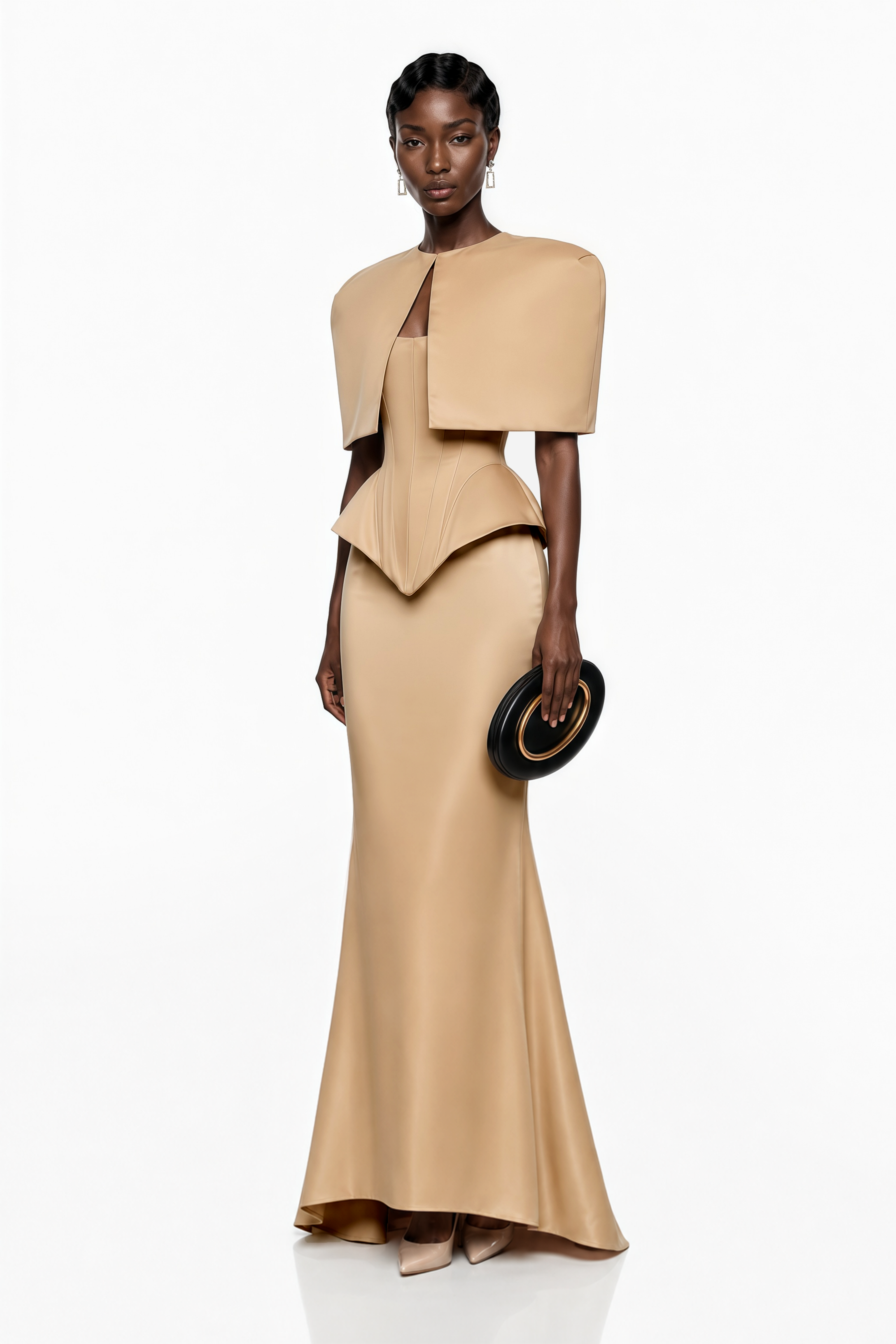 Beige structured gown with a matching bolero and a mermaid skirt