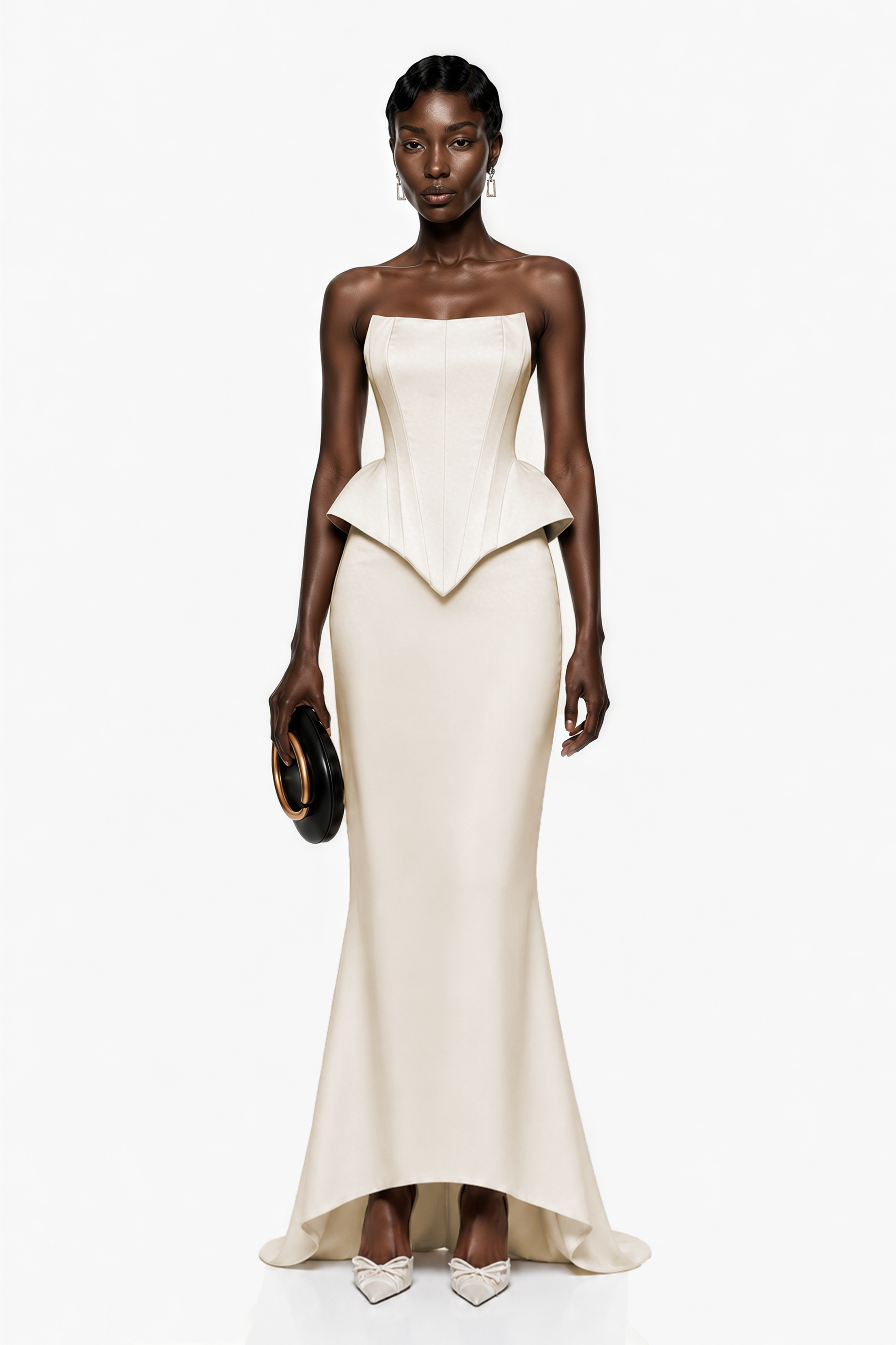 Cream structured gown with a matching bolero and a peplum bodice