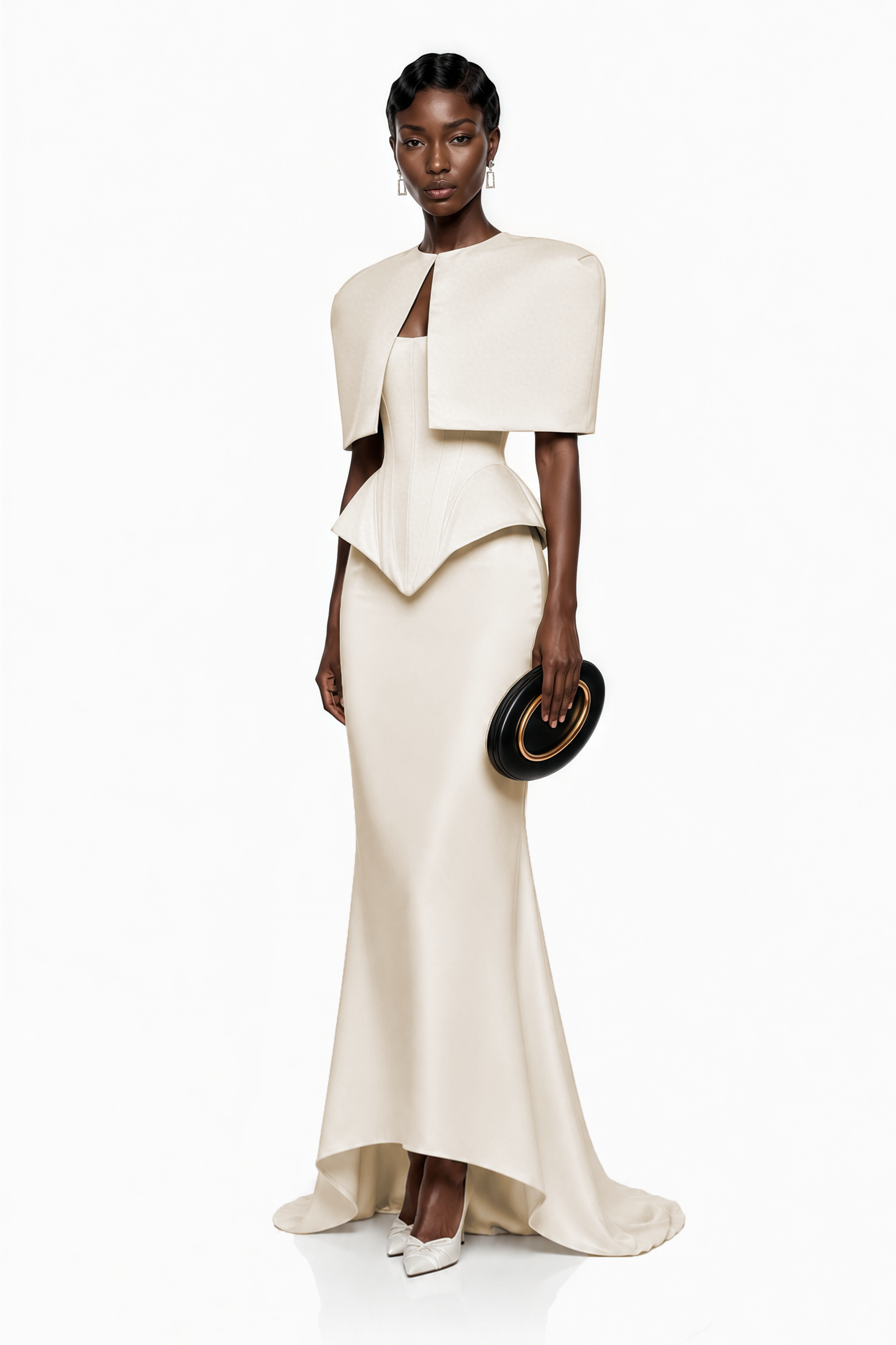 Cream structured gown with a matching bolero and a peplum bodice