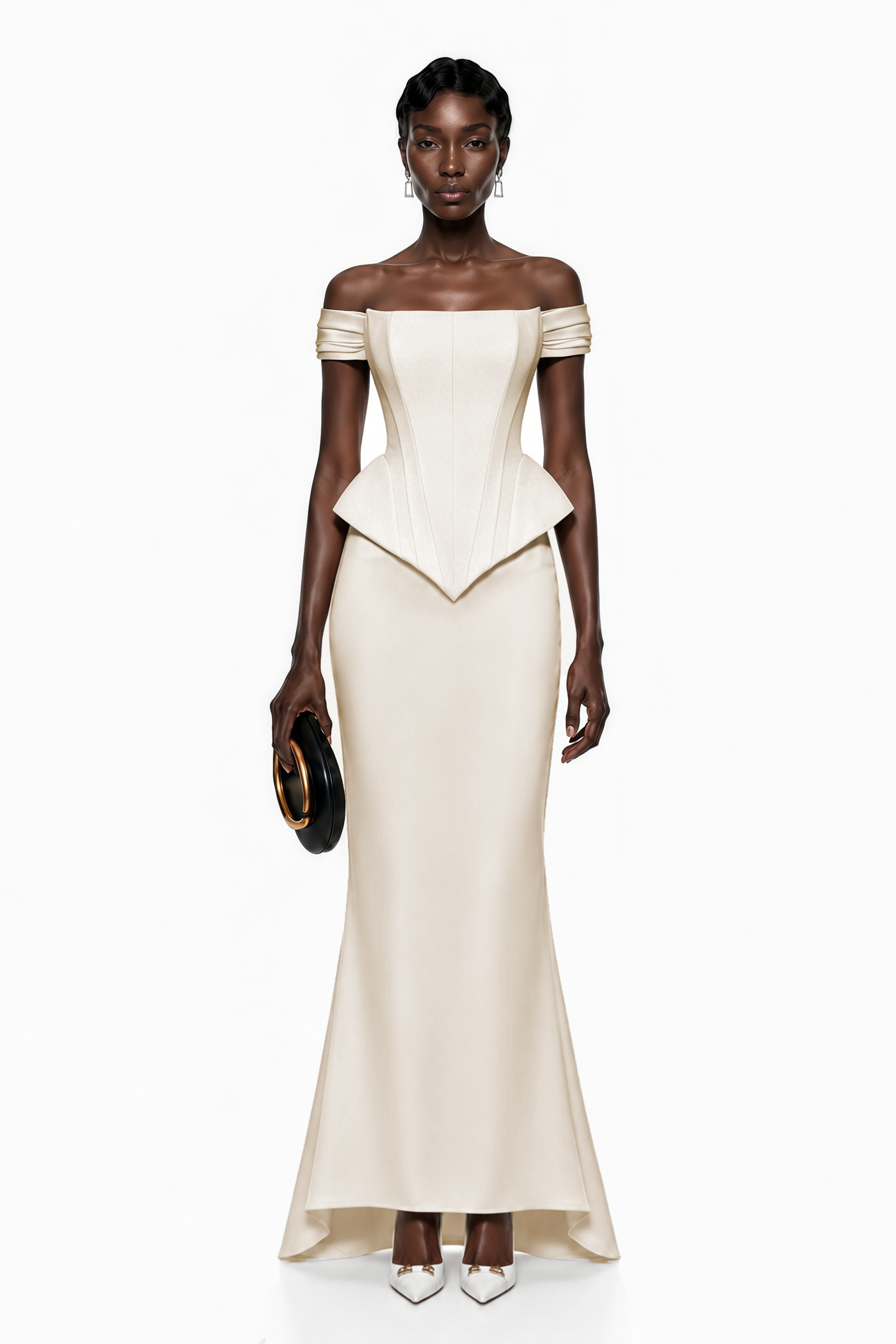 Cream structured gown with a matching bolero and a peplum bodice