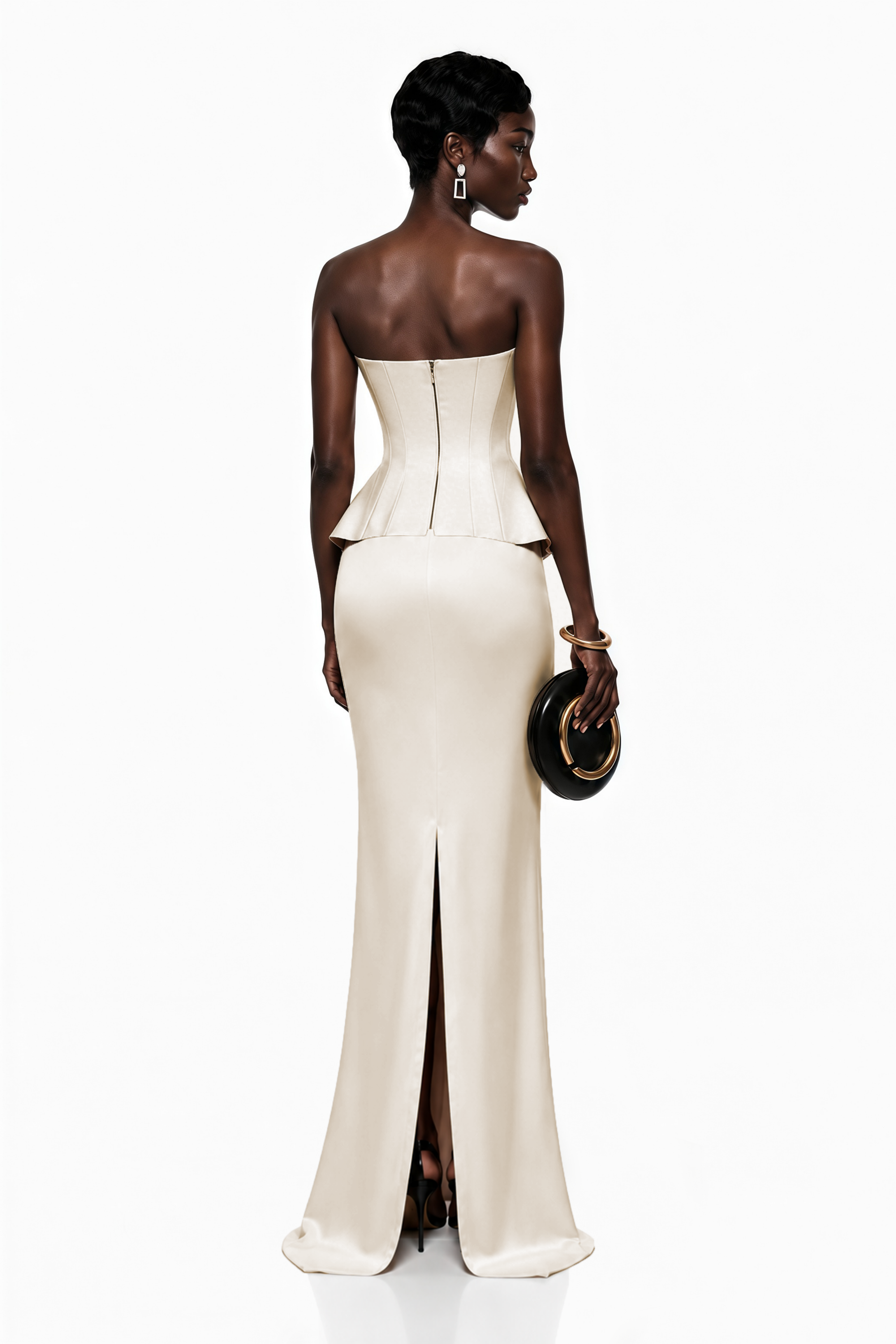 Cream structured gown with a matching bolero and a peplum bodice