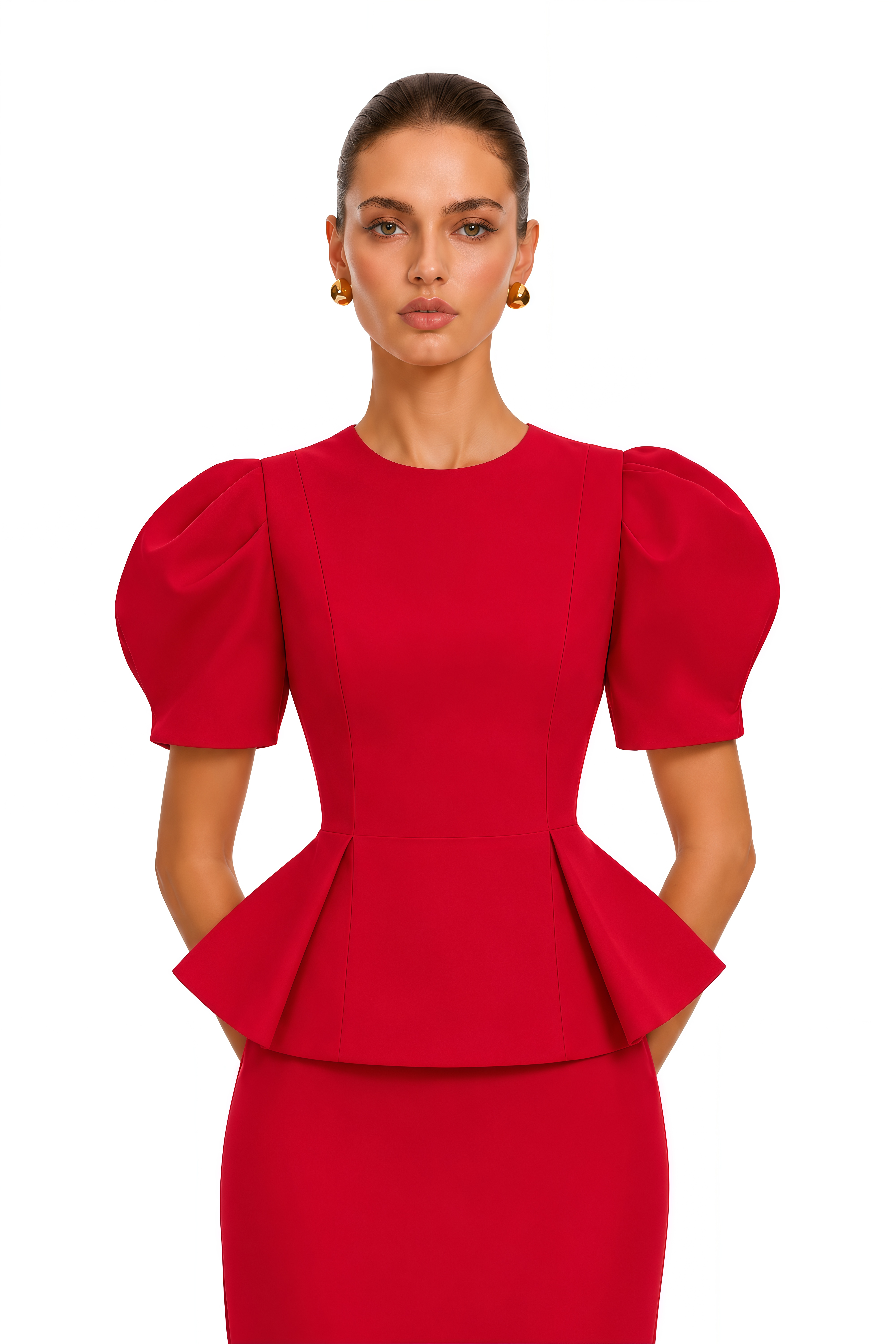 Clarice Red Puff Sleeve Peplum Blouse & Maxi Skirt Set