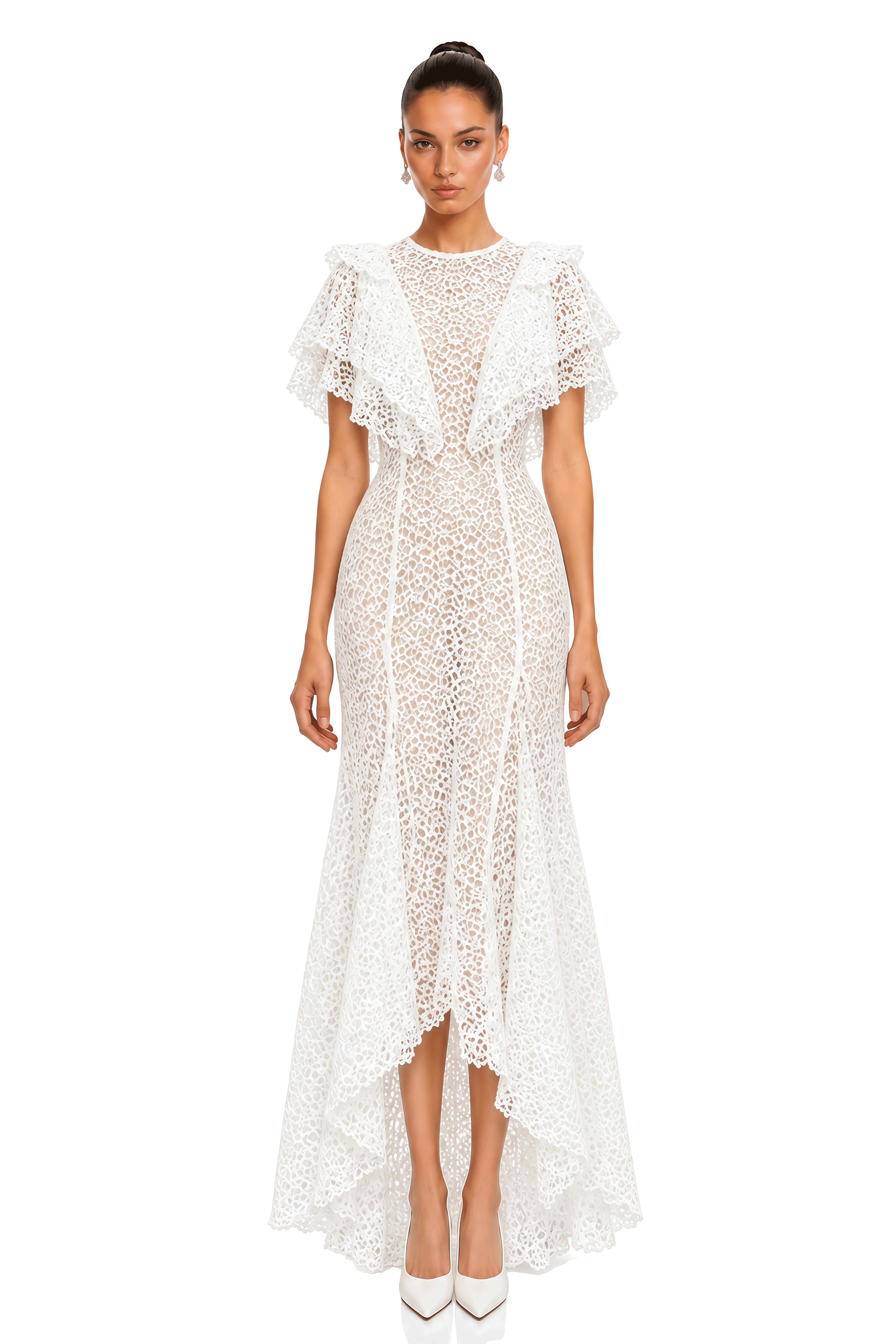 Clarissa White Ruffled Lace High-Low Maxi Dress