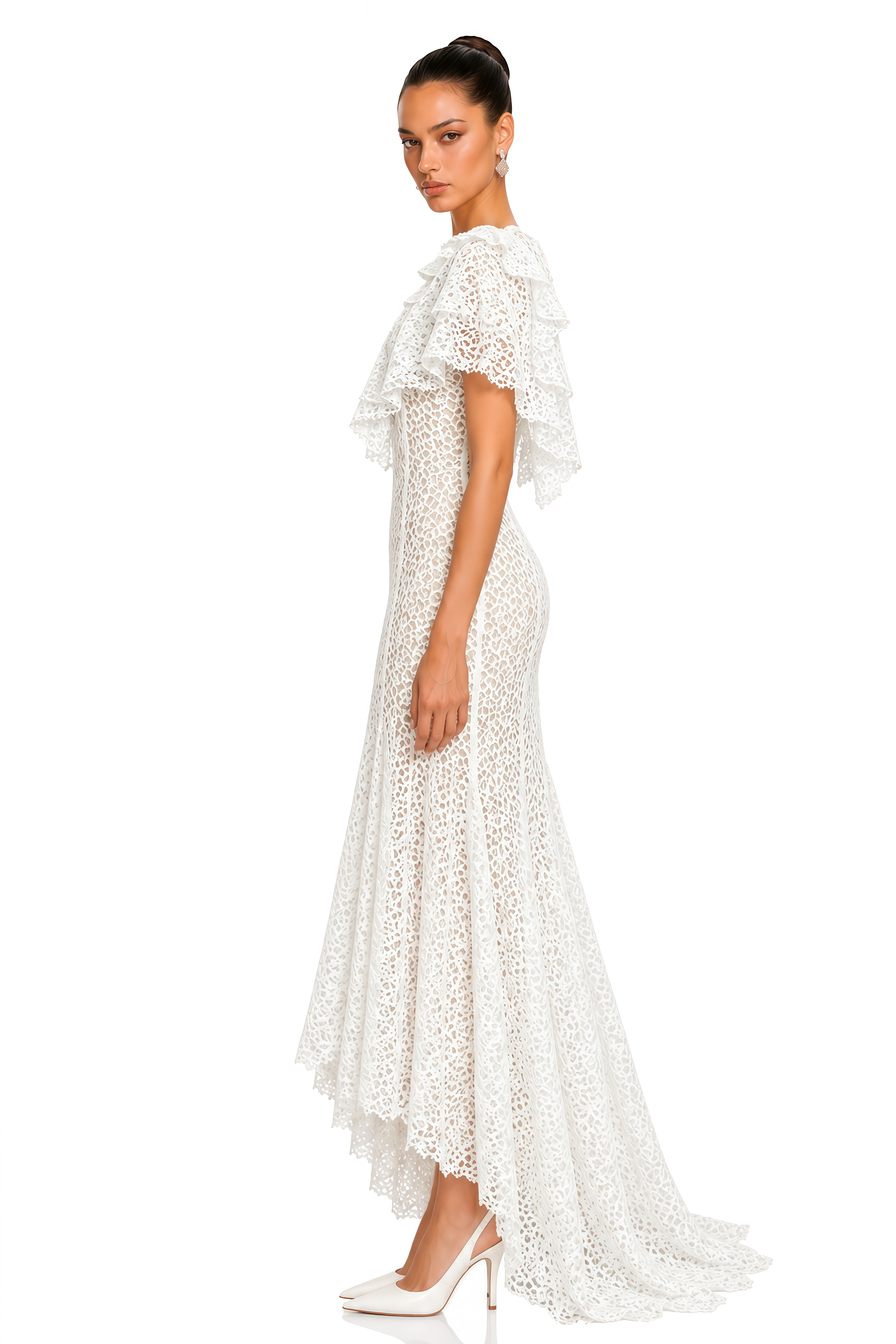 Clarissa White Ruffled Lace High-Low Maxi Dress