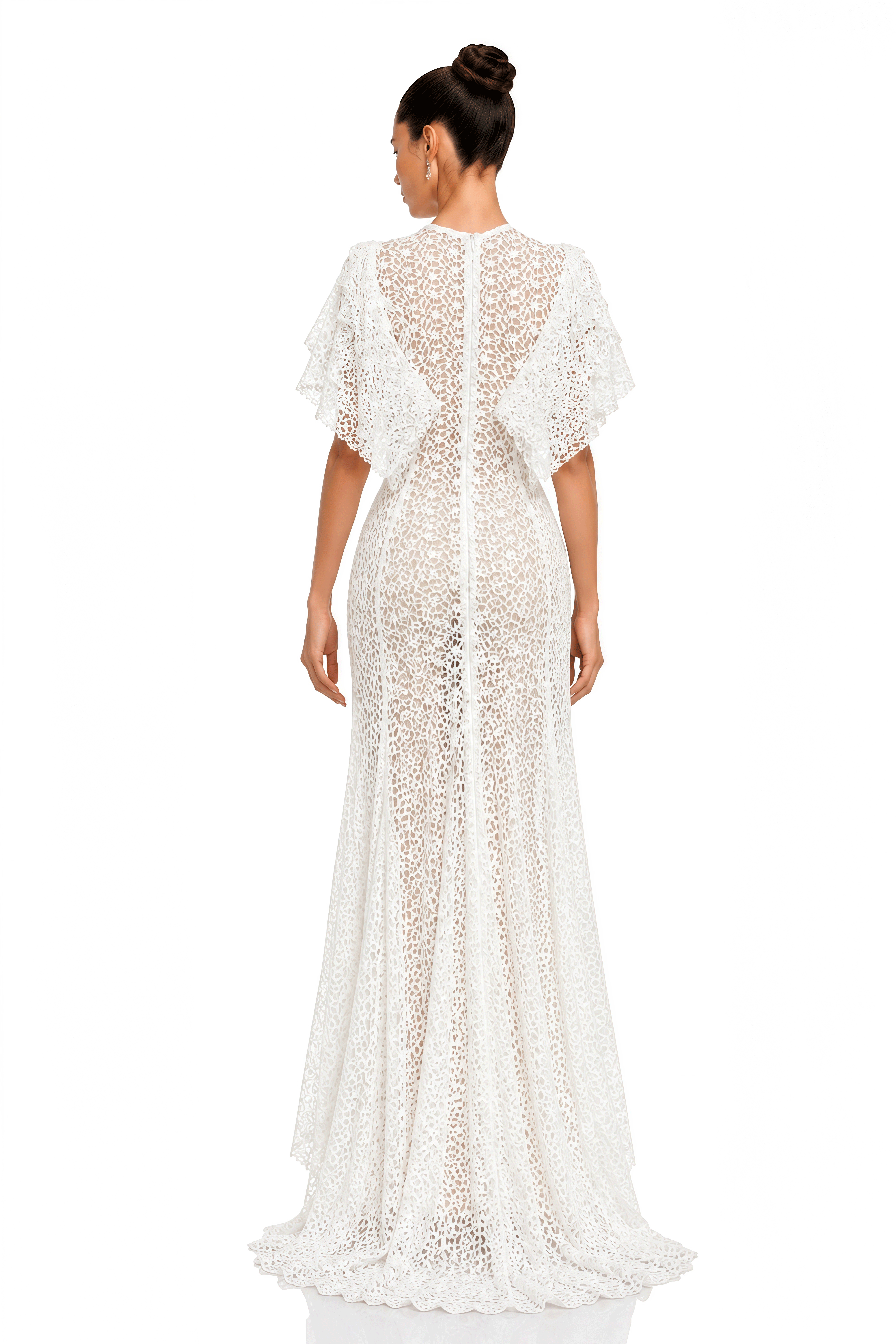 Clarissa White Ruffled Lace High-Low Maxi Dress