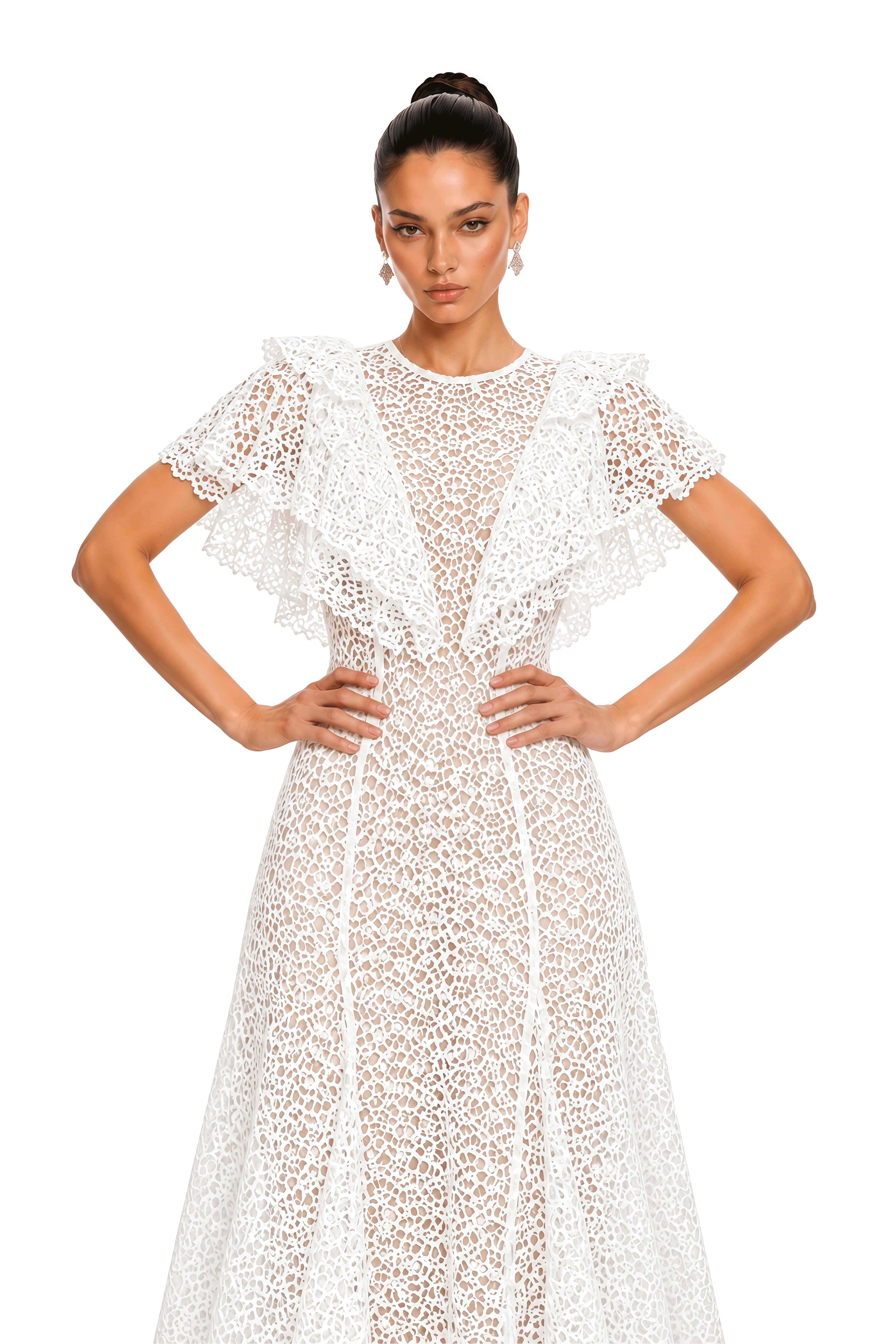 Clarissa White Ruffled Lace High-Low Maxi Dress