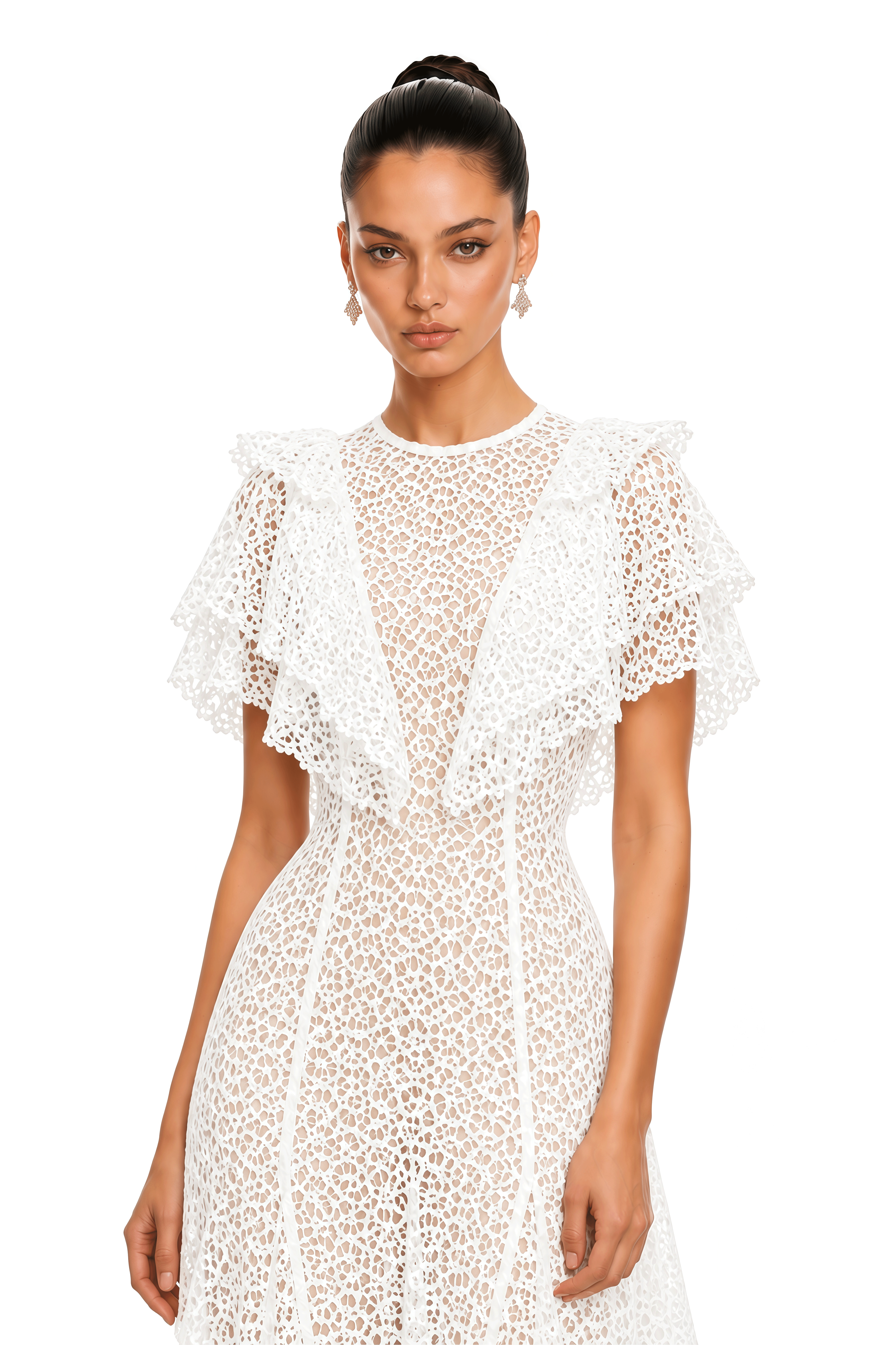 Clarissa White Ruffled Lace High-Low Maxi Dress