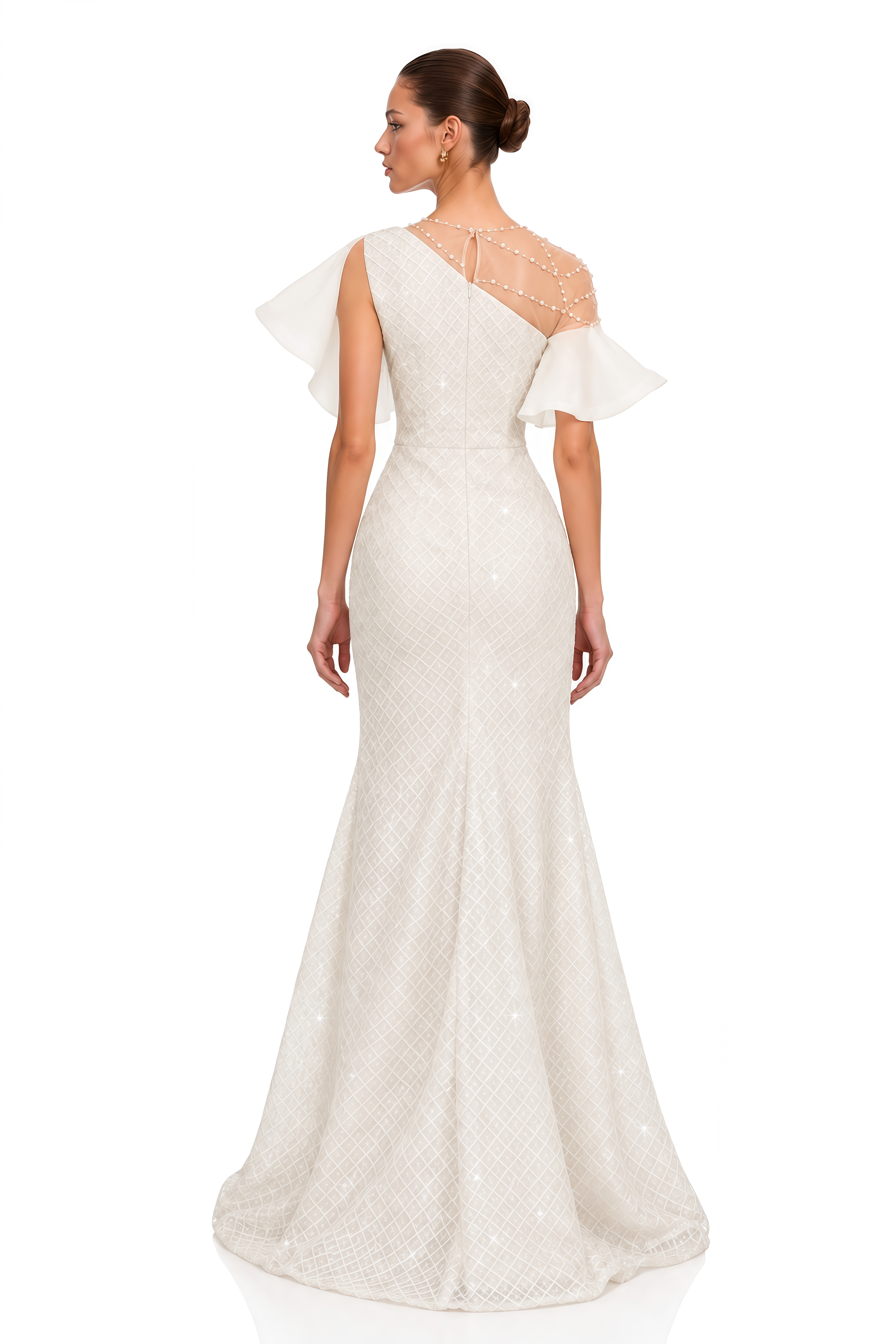 Clarisse Ivory Pearl Embellished Ruffle Maxi Dress