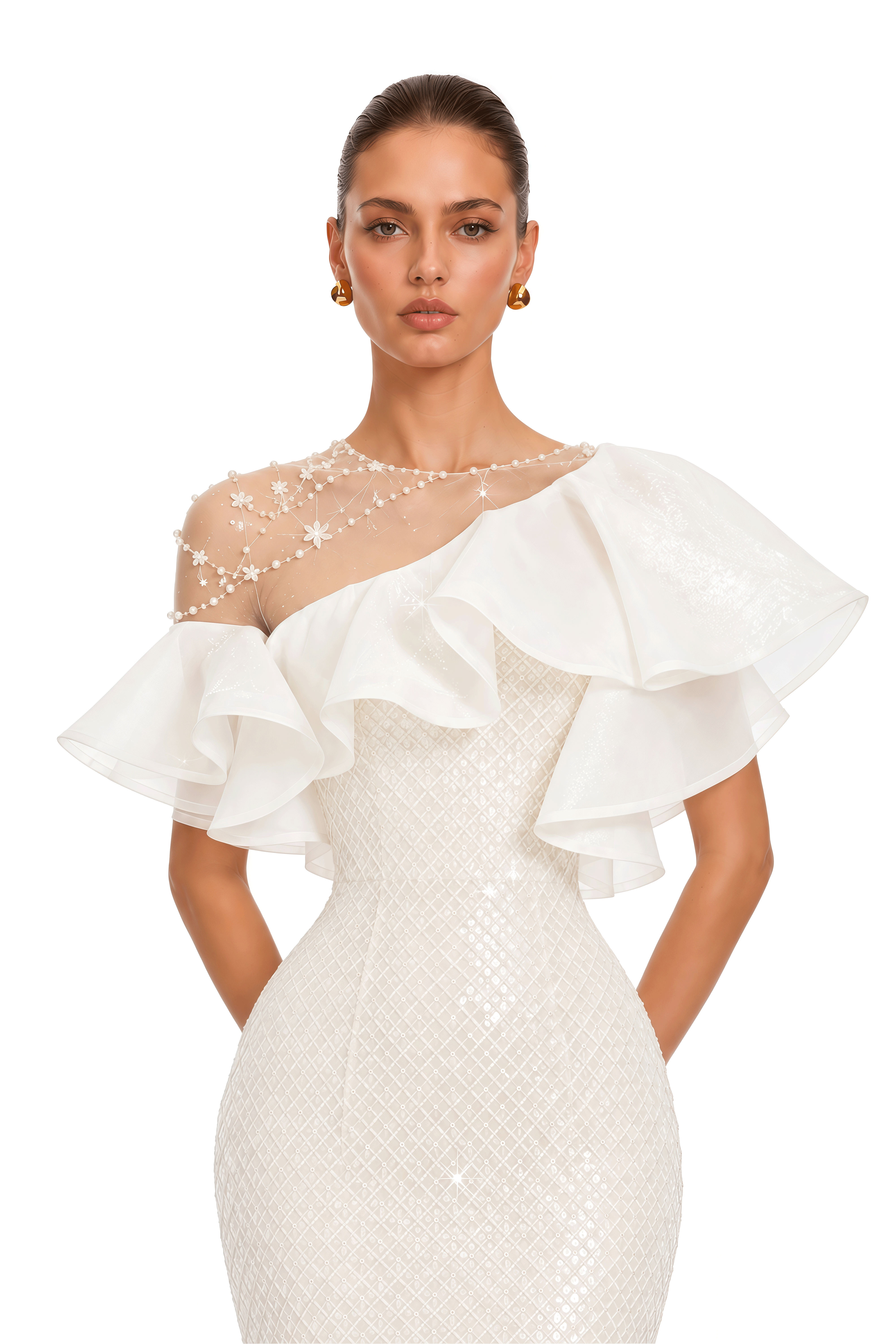 Clarisse Ivory Pearl Embellished Ruffle Maxi Dress