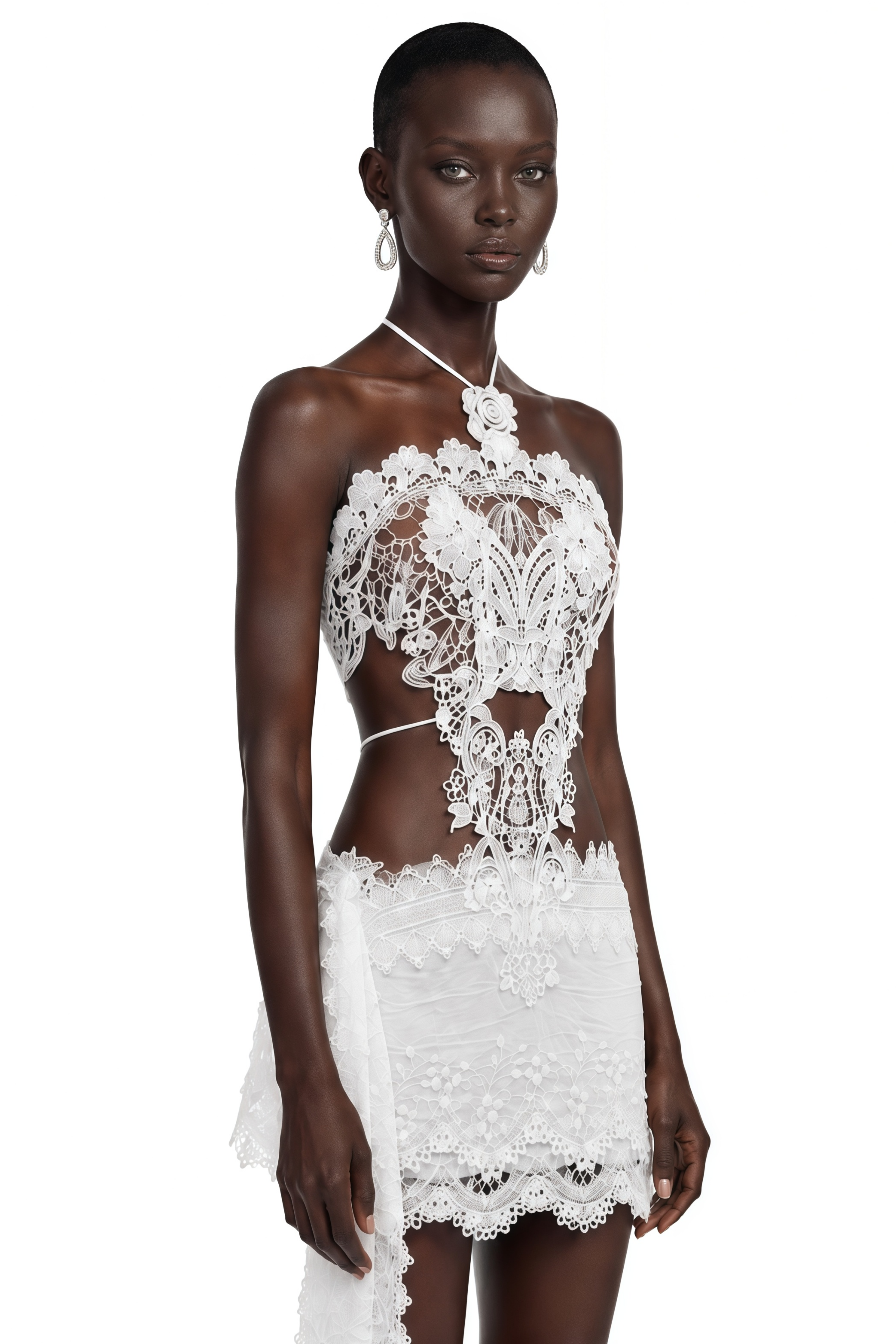 Clotilde White Lace Cut-Out Top & Mini Skirt Set