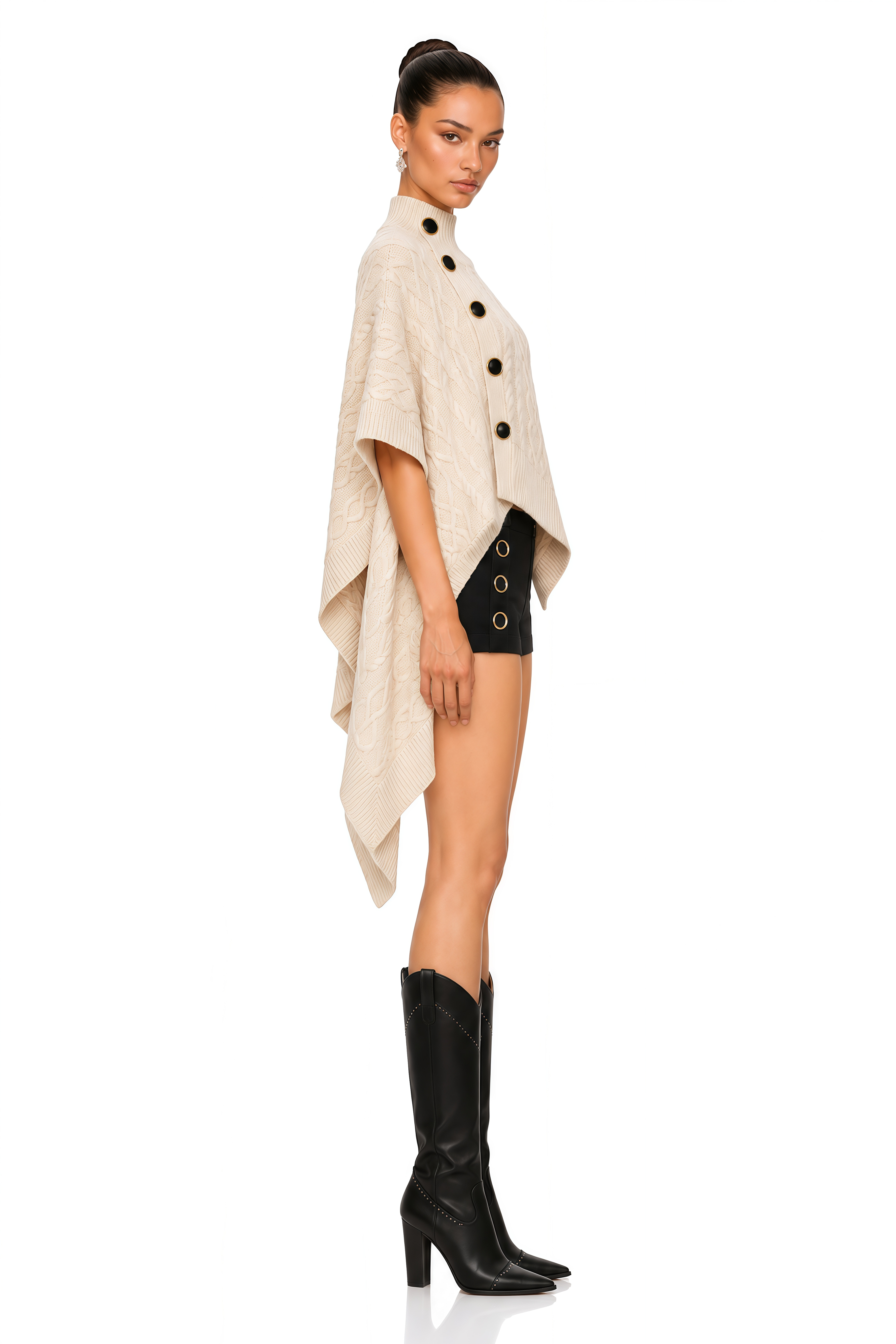 Colette Neutral Cable Knit Poncho Top & Button Detail Shorts Set