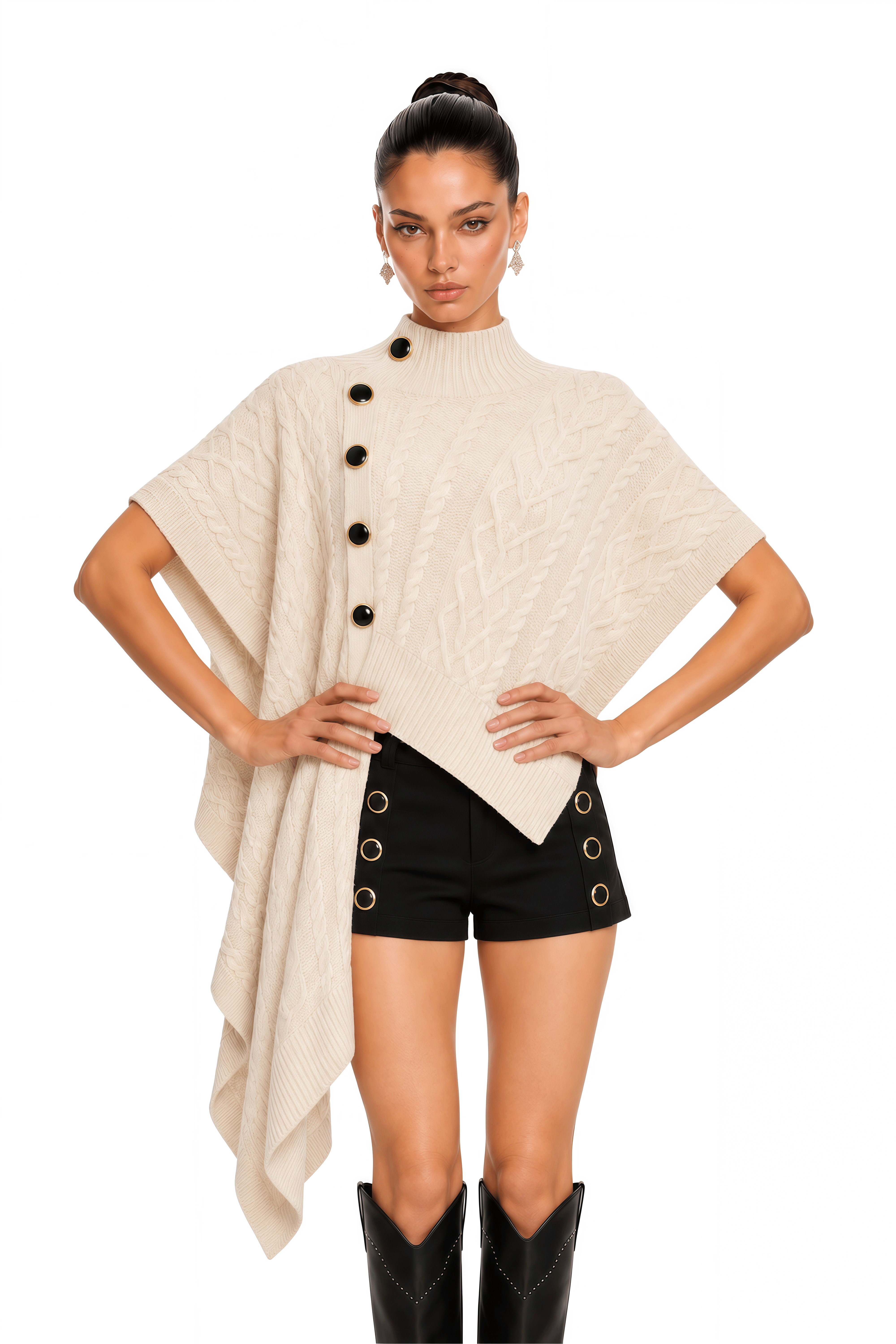 Colette Neutral Cable Knit Poncho Top & Button Detail Shorts Set
