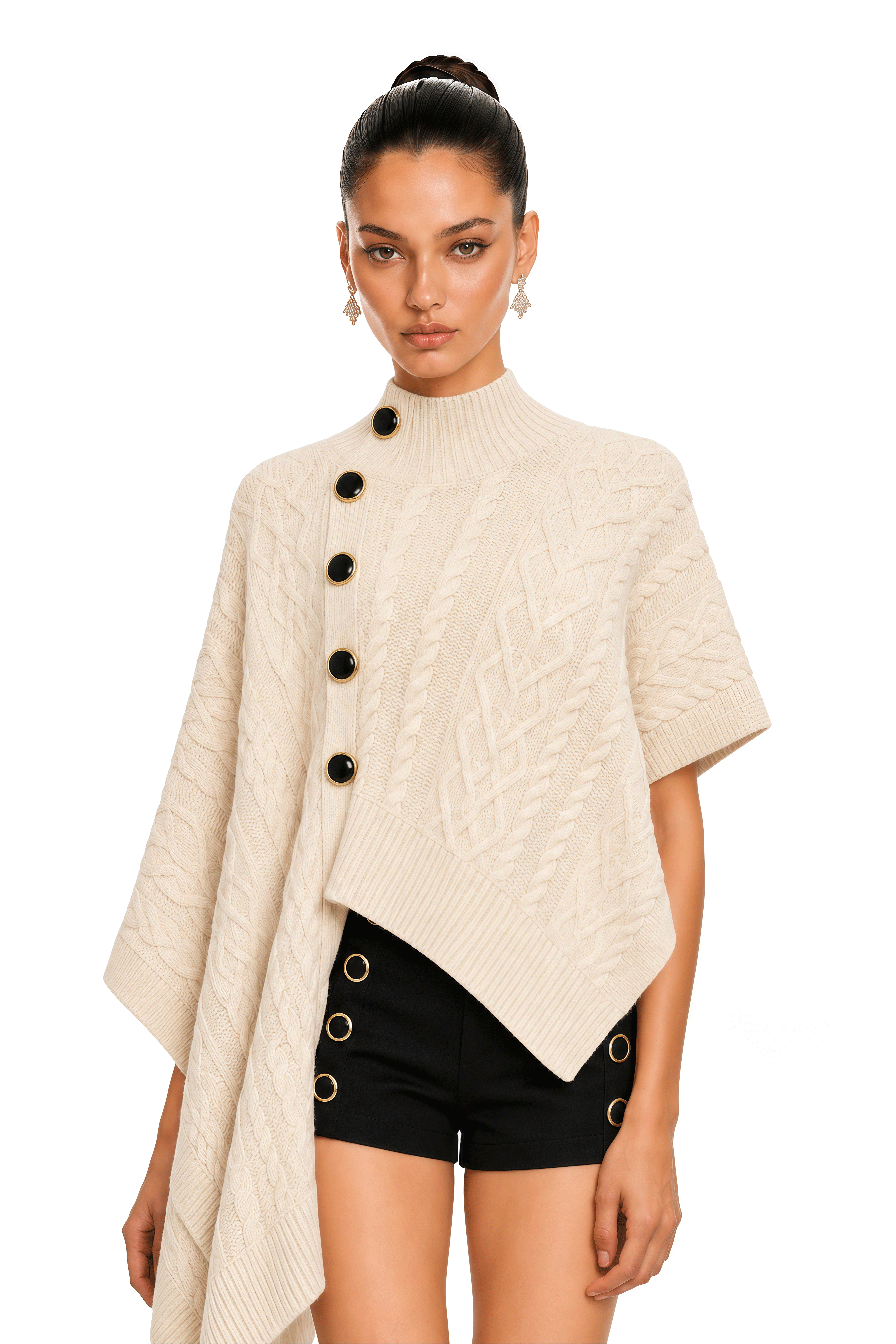Colette Neutral Cable Knit Poncho Top & Button Detail Shorts Set