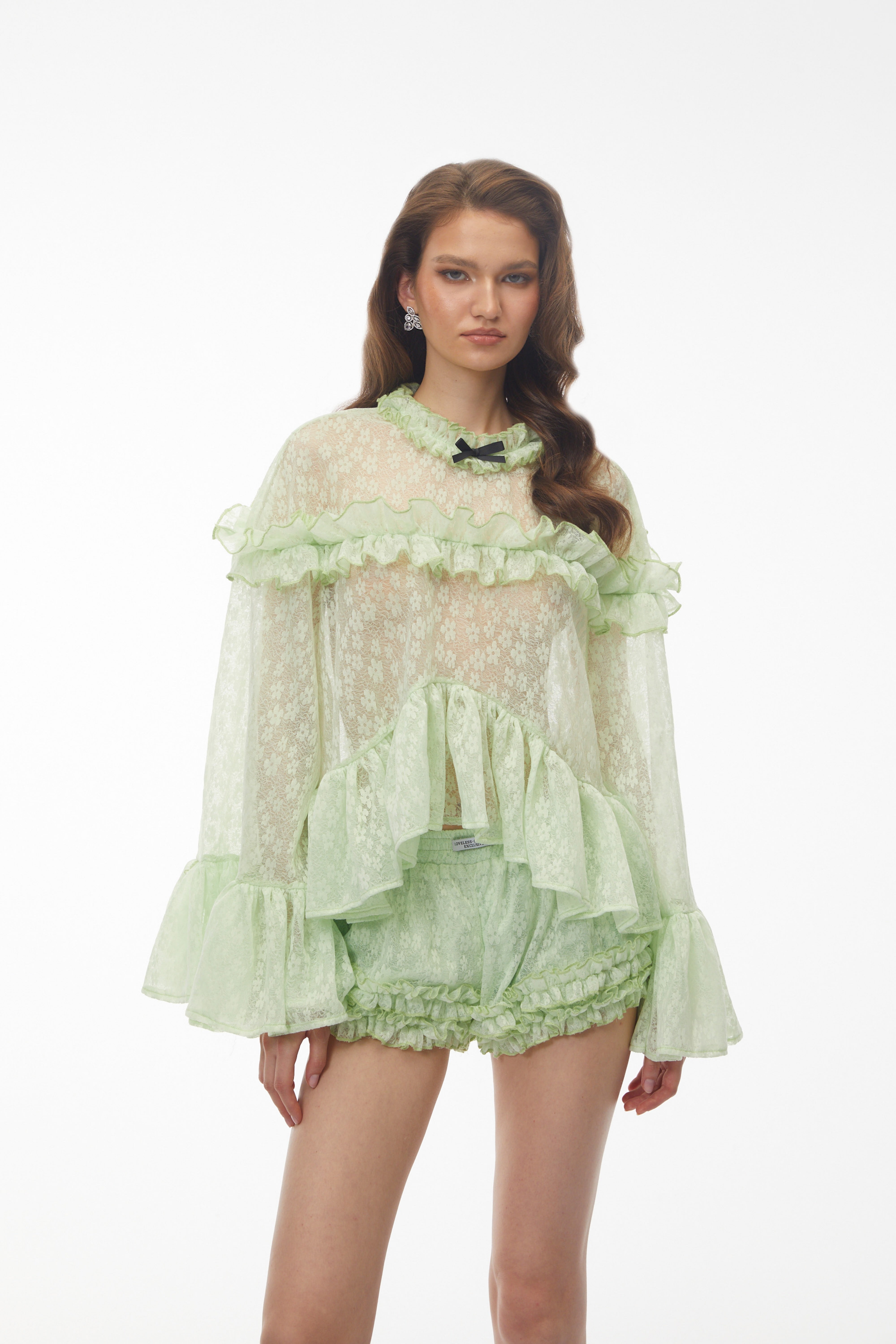 Colette Mint Green Floral Lace Ruffled Top & Shorts Set – Miss