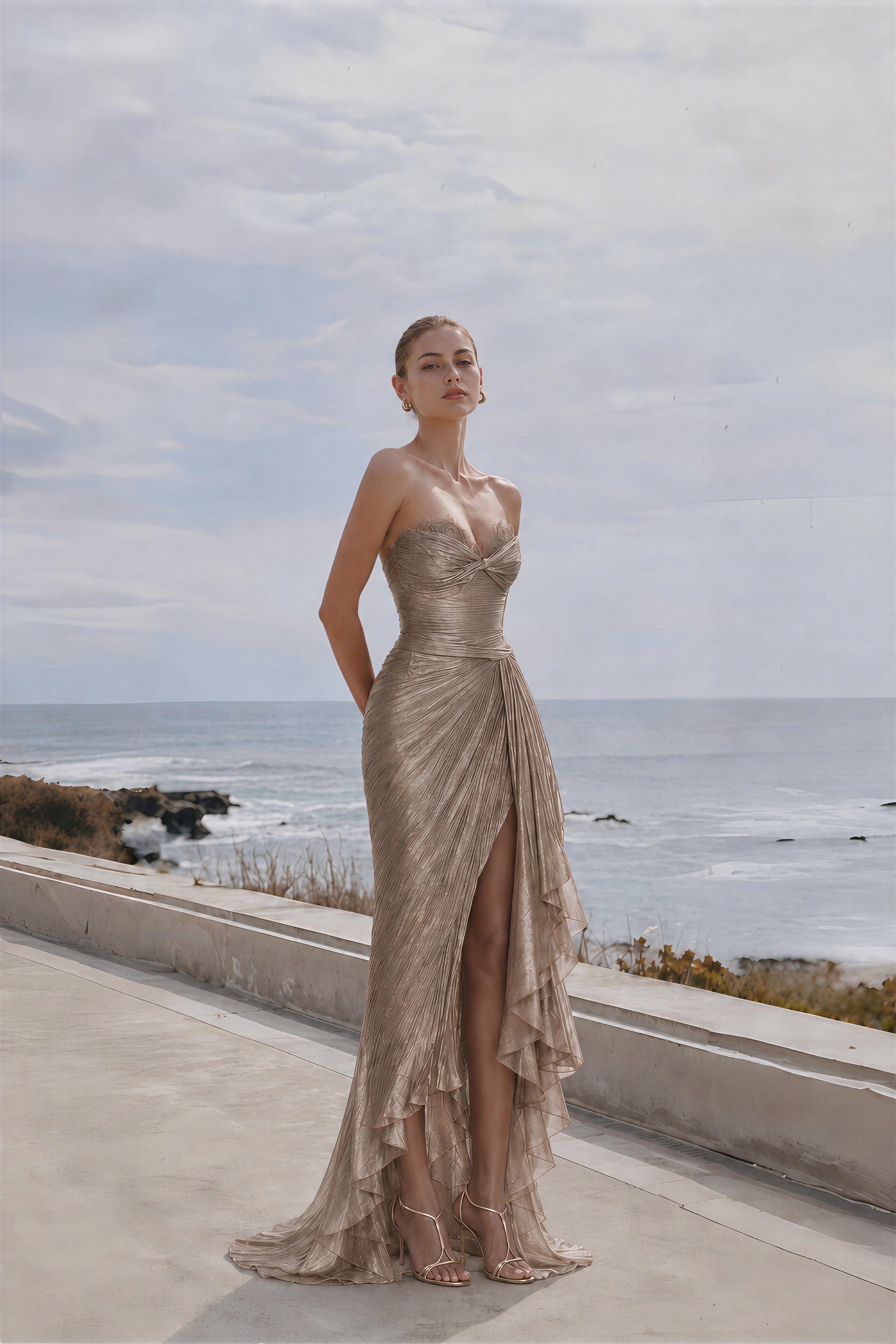 Constanza Brown Off Shoulder Ruched Maxi Dress