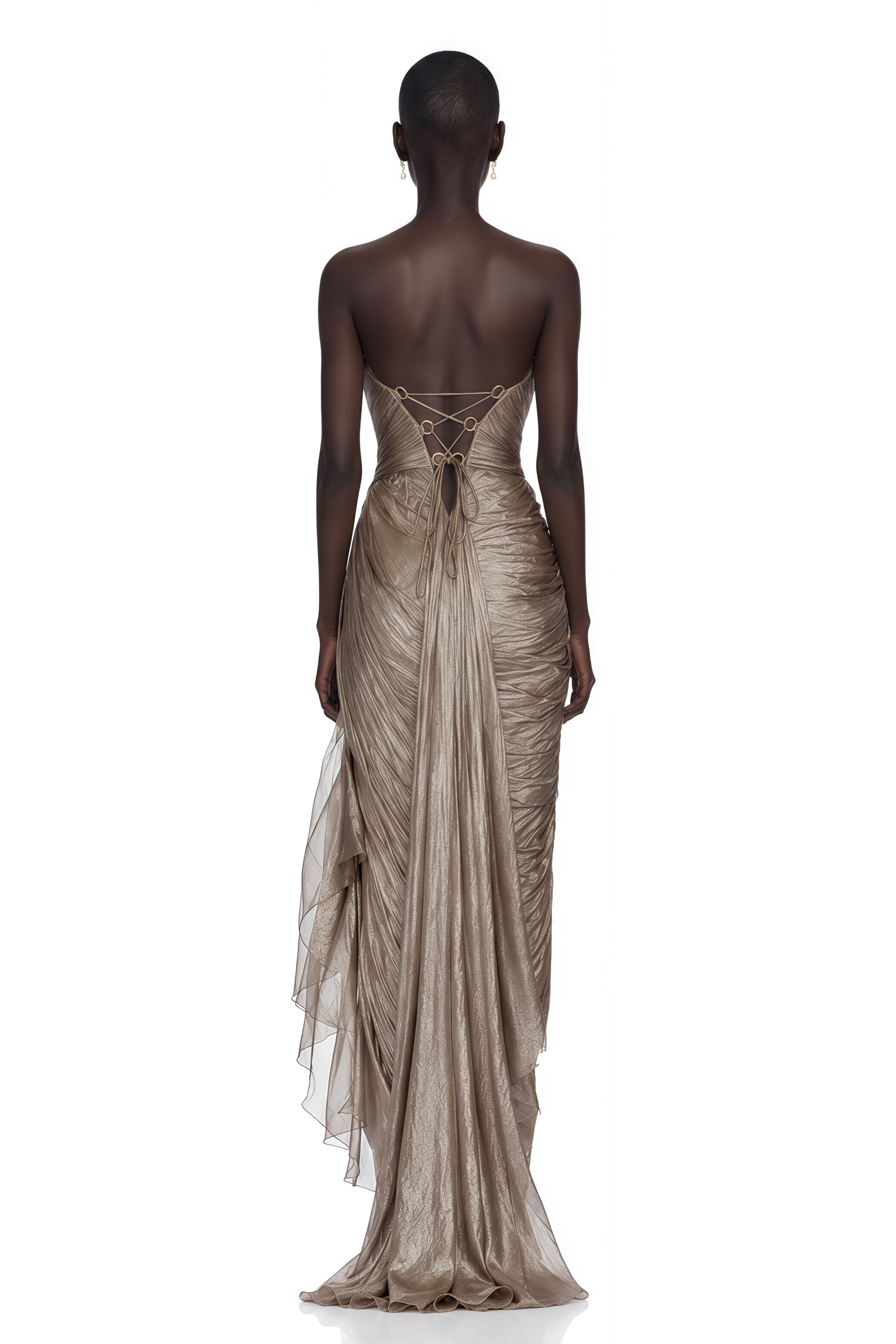 Taupe strapless maxi dress with a pleated, draped skirt