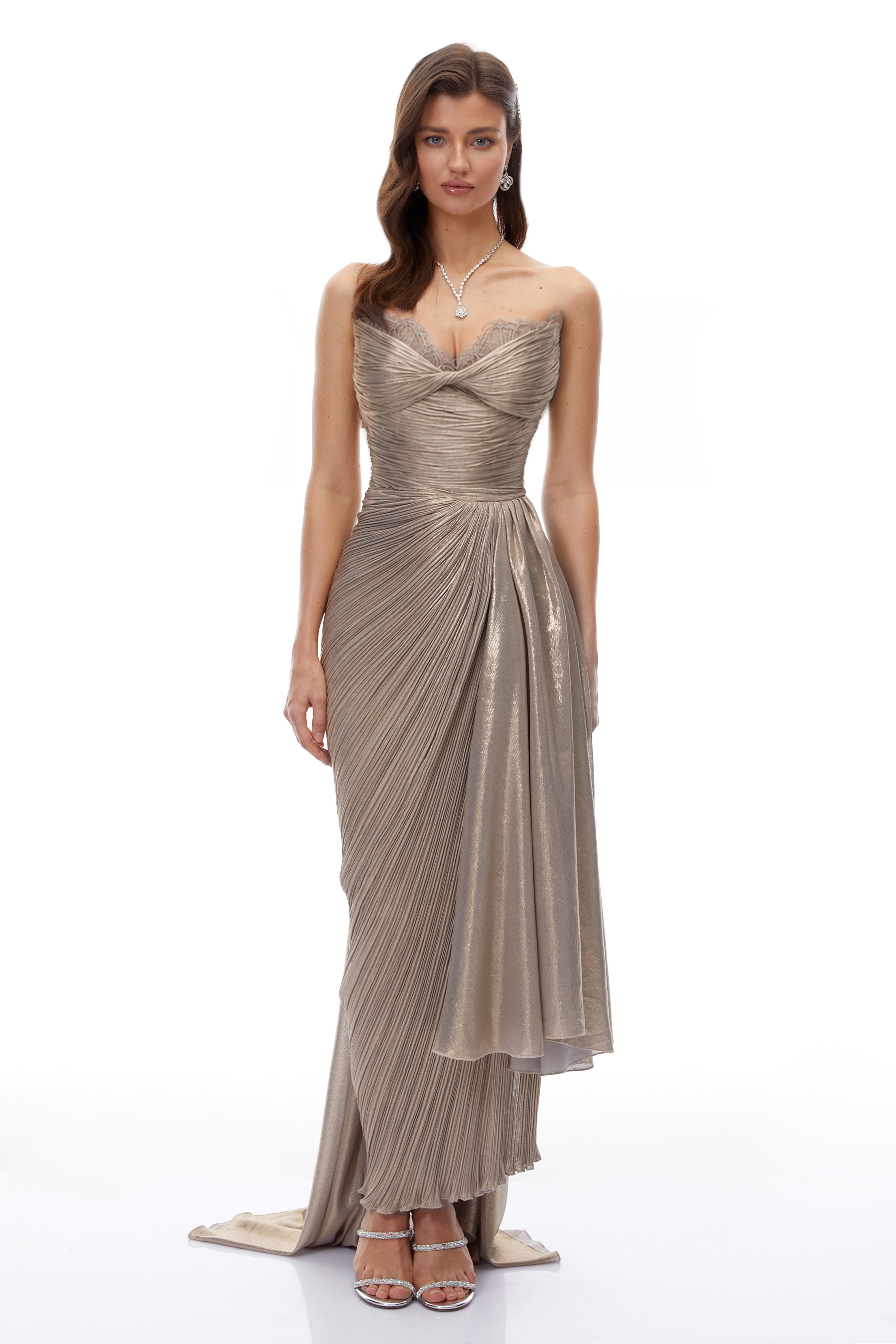 Taupe strapless maxi dress with a pleated, draped skirt