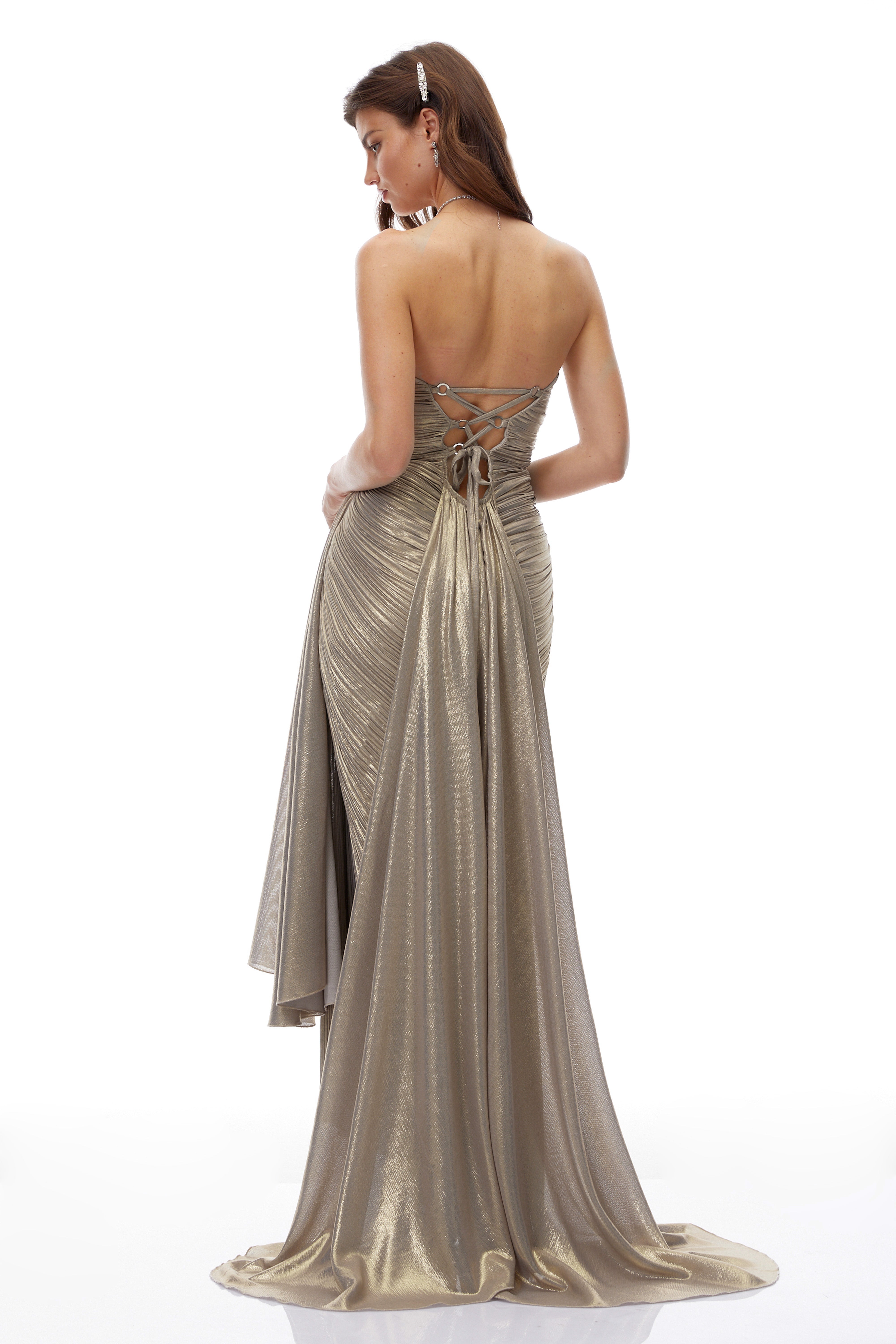 Taupe strapless maxi dress with a pleated, draped skirt