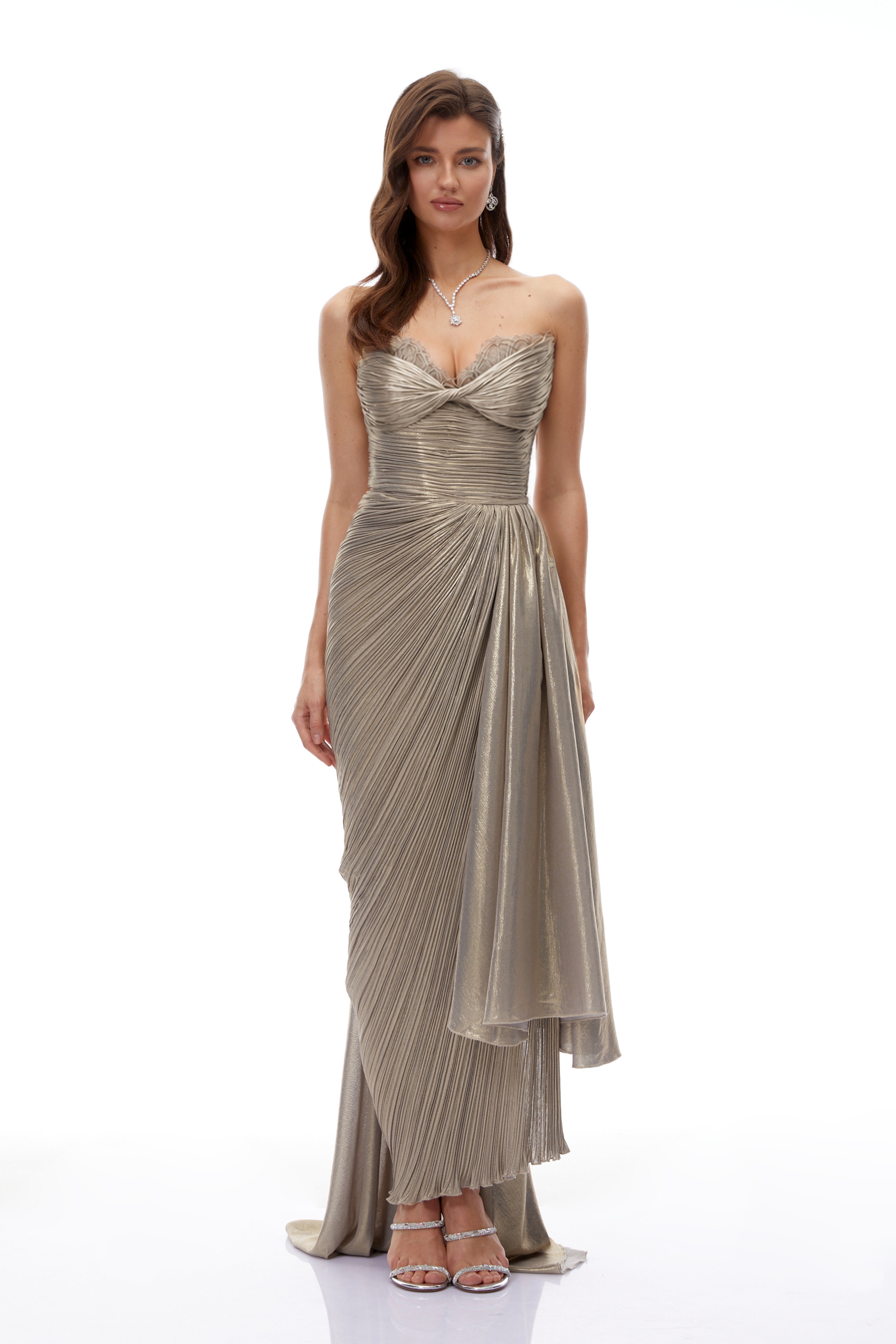 Taupe strapless maxi dress with a pleated, draped skirt