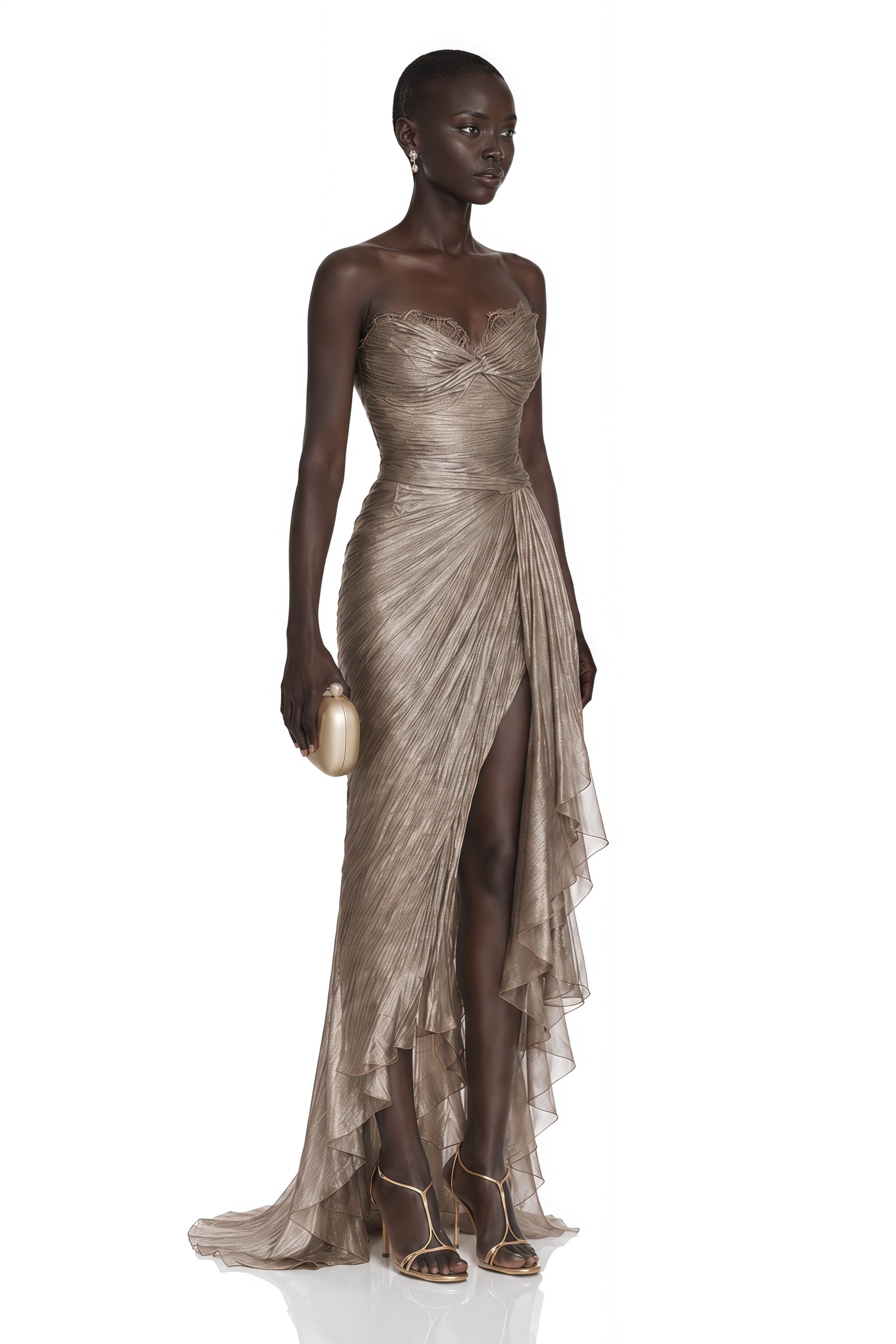 Taupe strapless maxi dress with a pleated, draped skirt