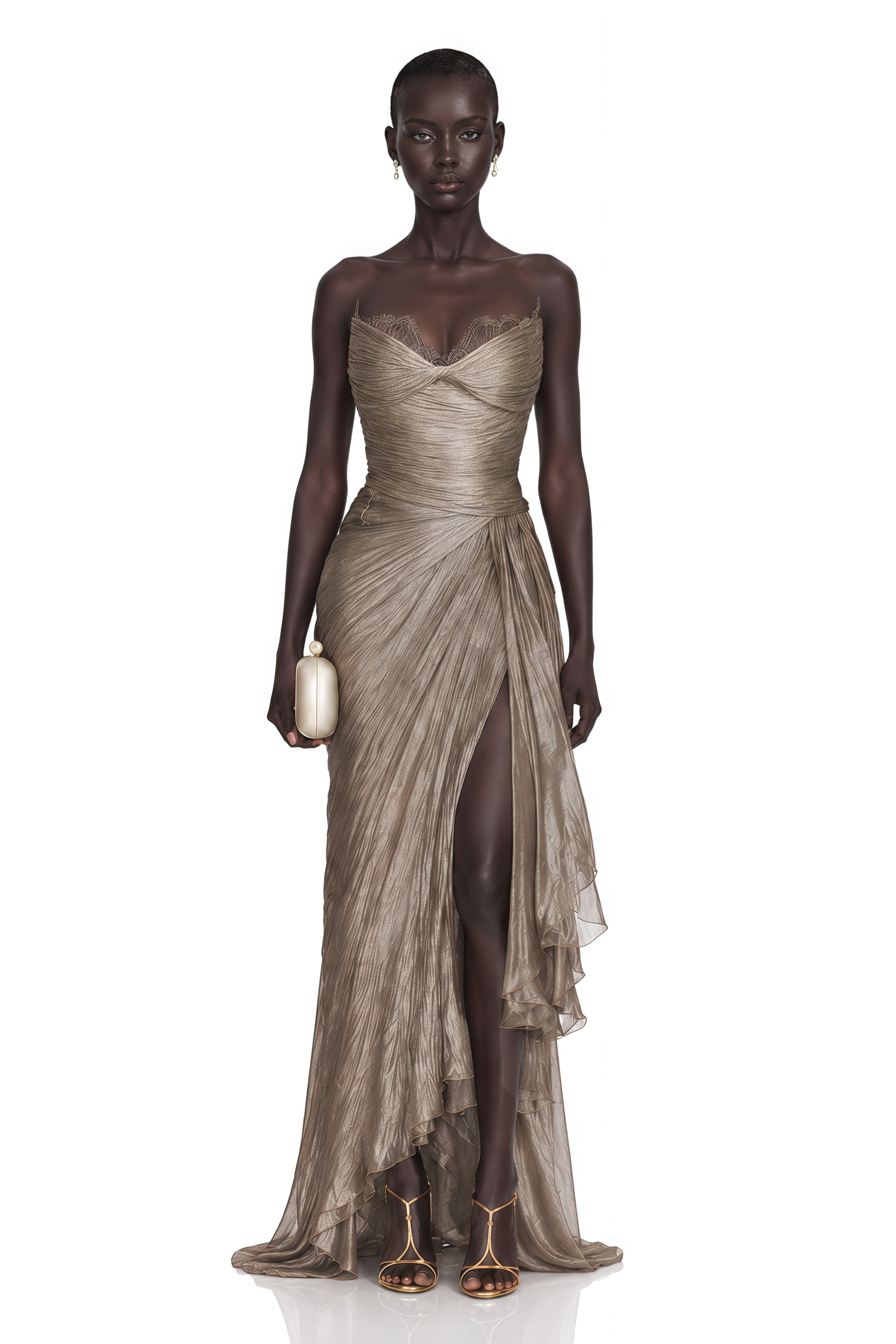 Taupe strapless maxi dress with a pleated, draped skirt