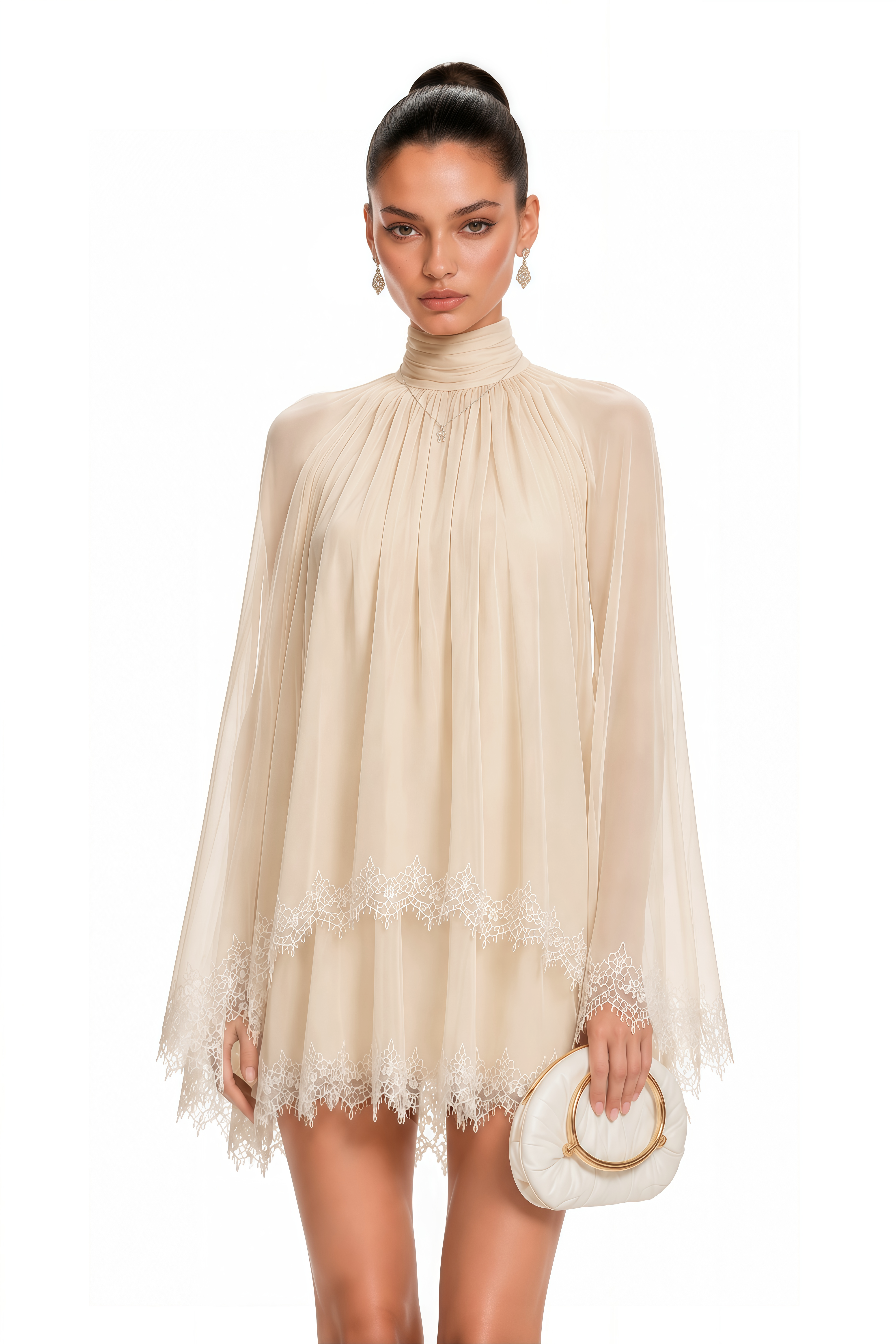 Consuela Neutral Pleated Mini Dress with Lace Trim