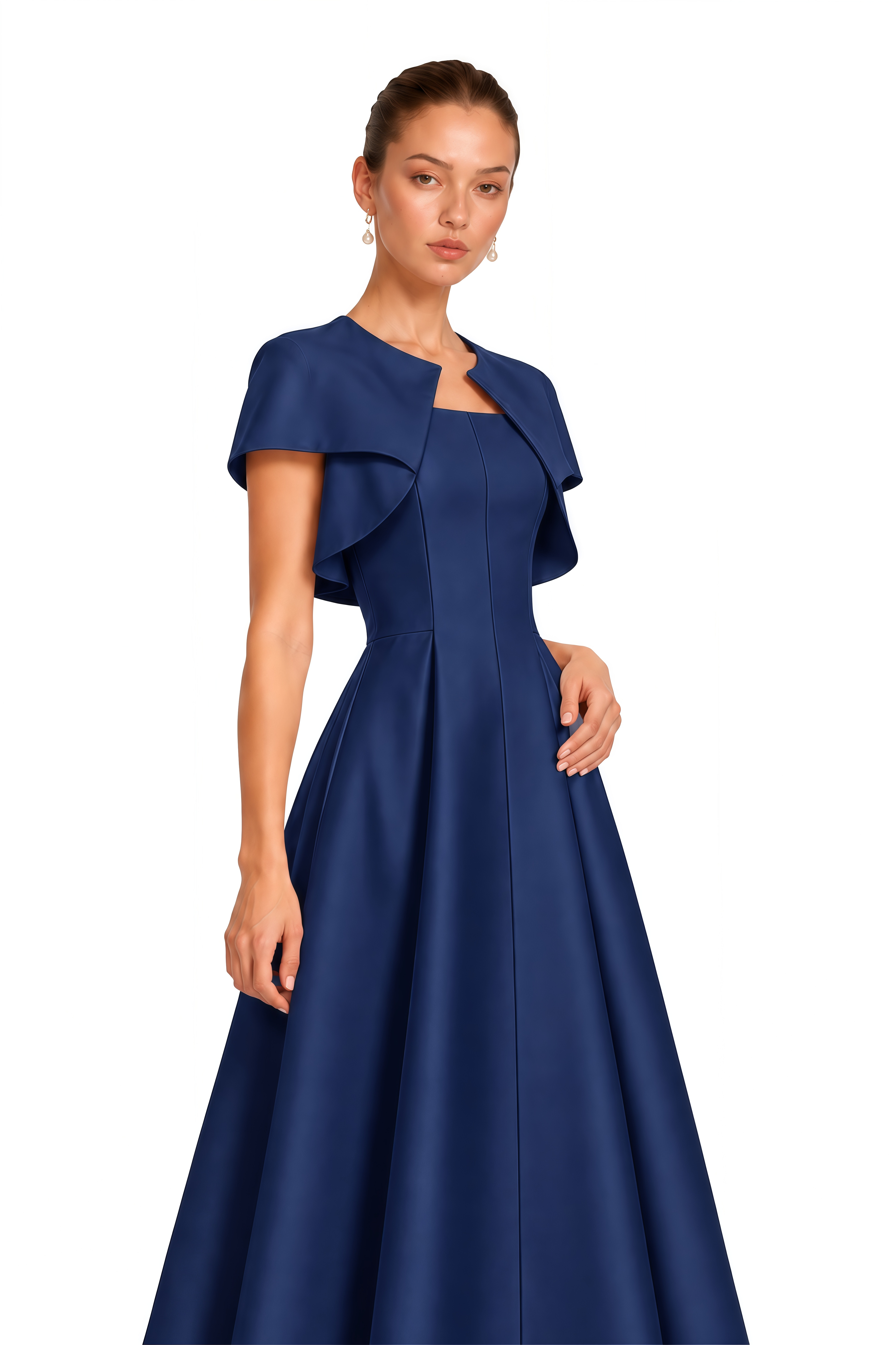 Cora Navy Blue Spaghetti Strap A-Line Midi Dress with Cape
